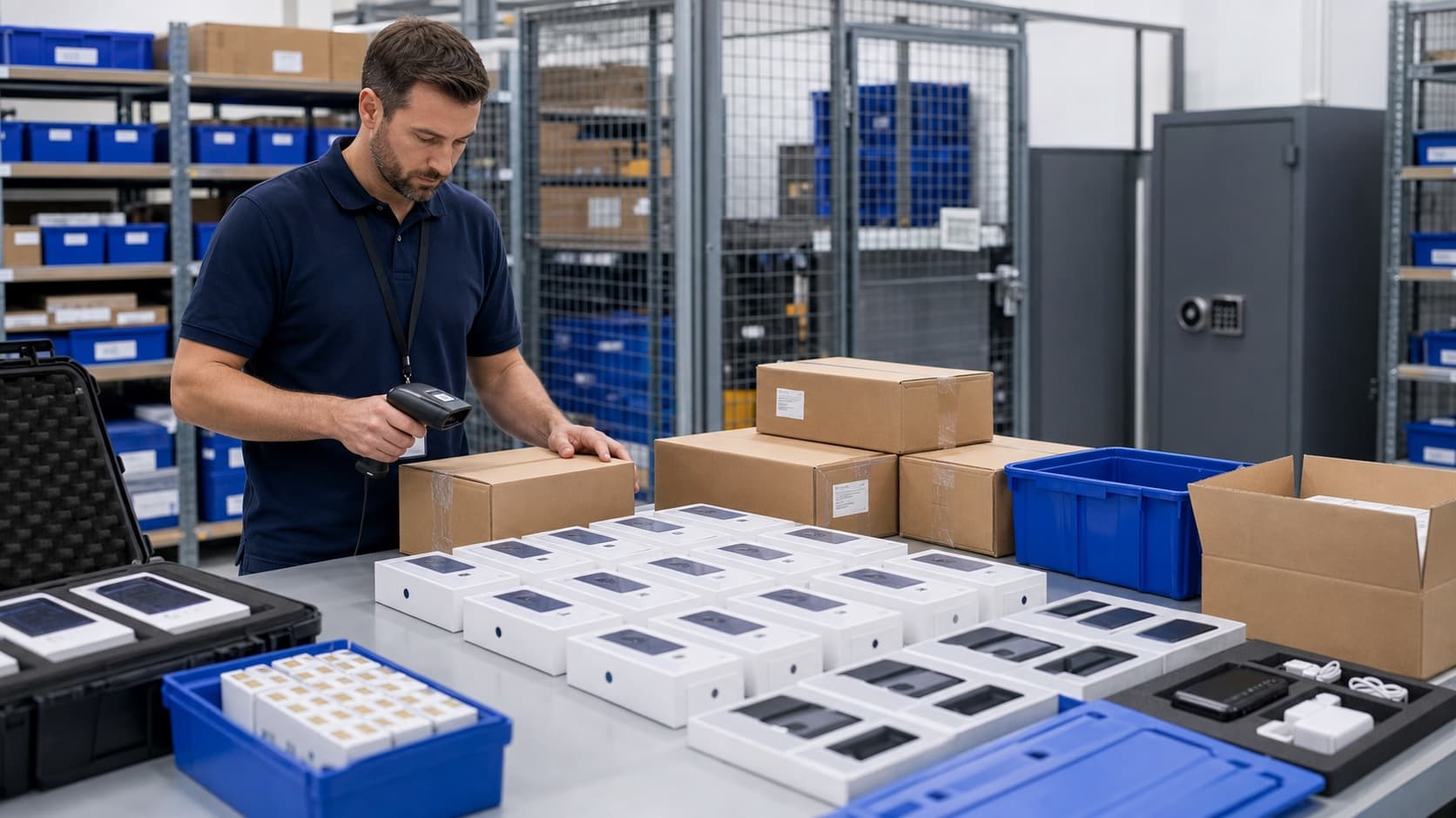 Warehouse operator scanning boxed phones and staged mobile device kits before shipment