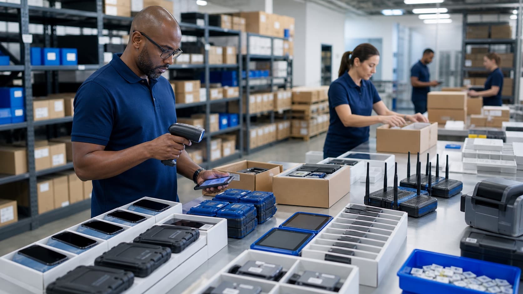 Sense Solutions operations team staging business devices, routers, and deployment kits for partner customers