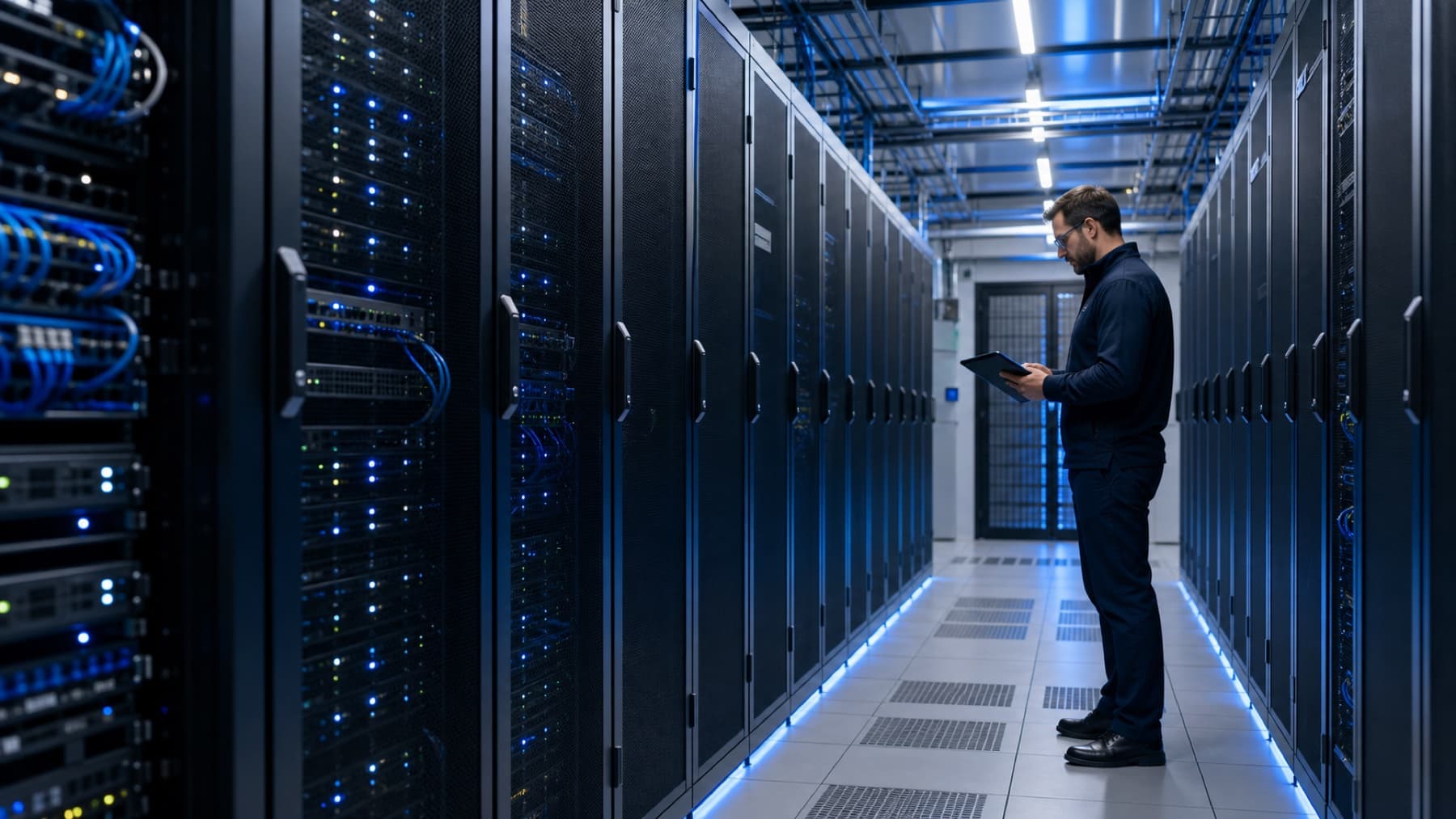 Modern secure data center aisle with server racks and network cabinets