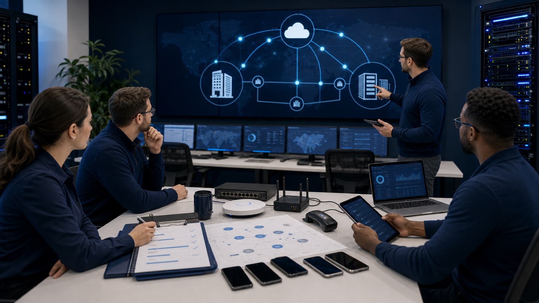 Operations room showing abstract cloud, office, and data center connectivity paths