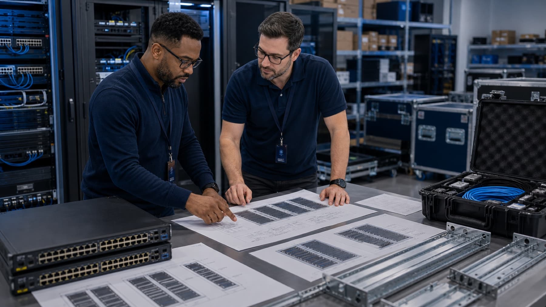 IT professionals reviewing rack planning beside network equipment and equipment cases