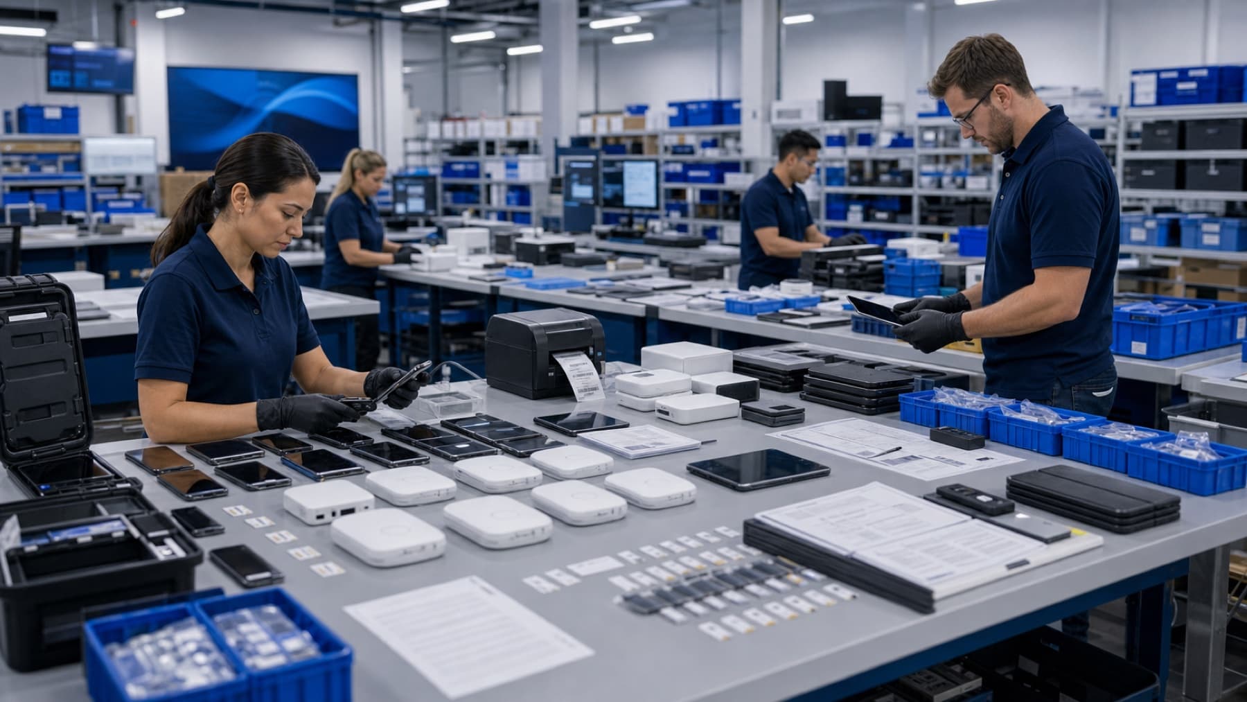 Enterprise device staging floor with phones, tablets, routers, SIM cards, labels, and organized bins