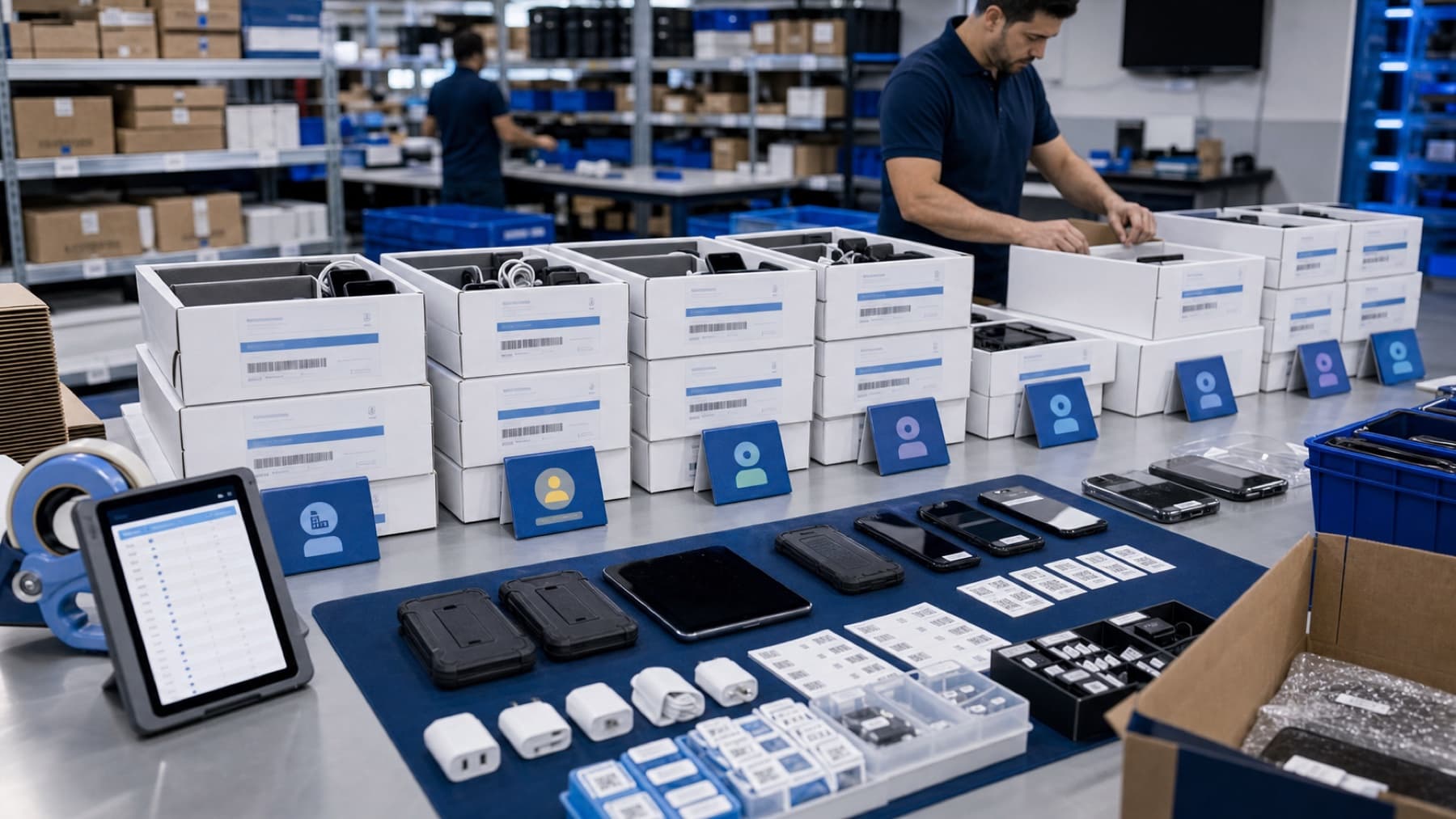 Business device kits organized by location, department, and rollout wave
