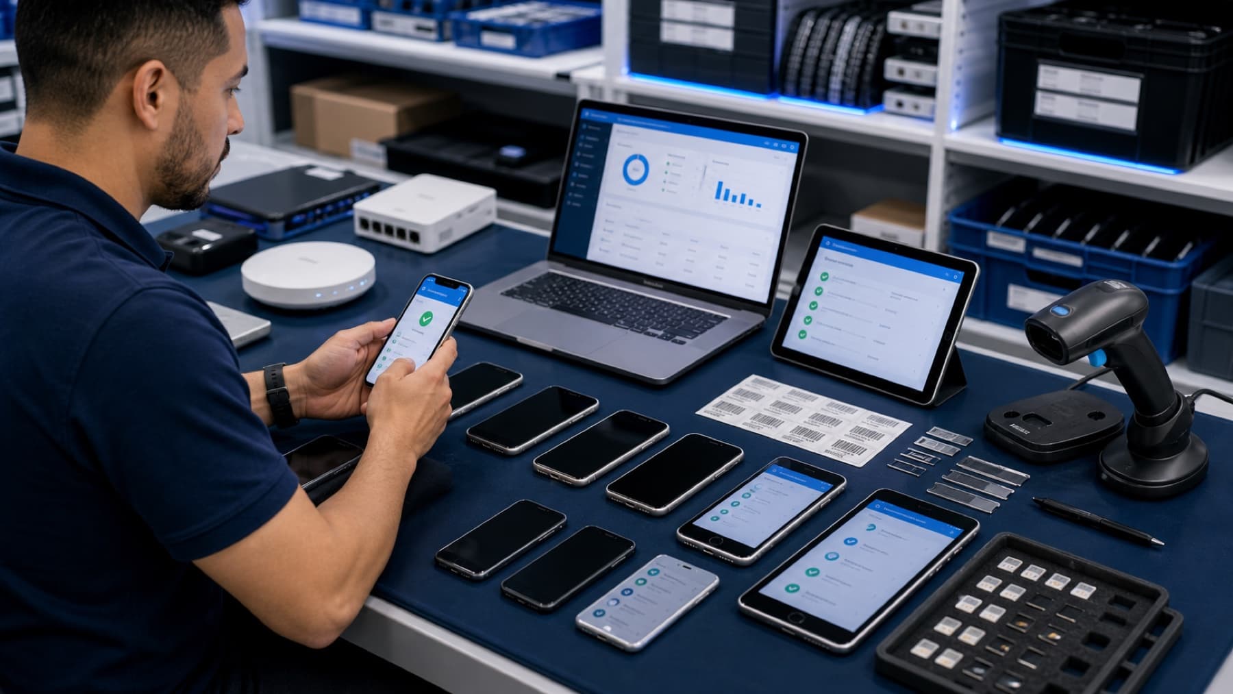 Technician verifying MDM enrollment and app installation on business mobile devices