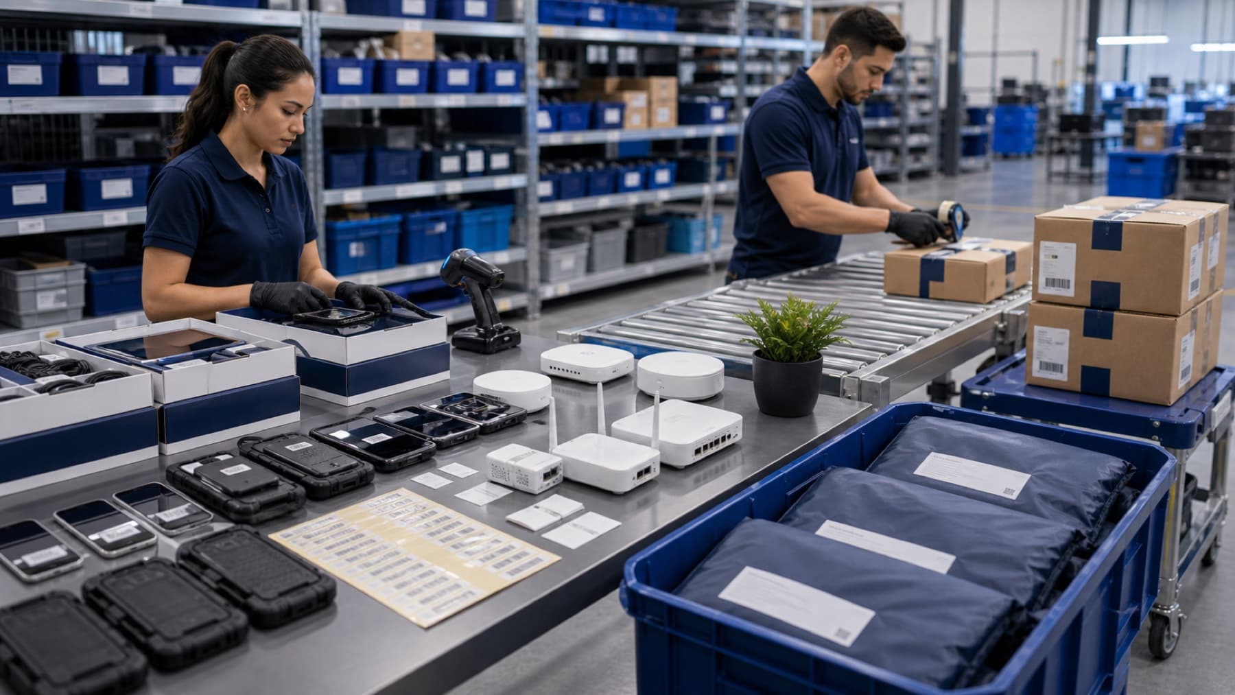 Sealed deployment kits and labeled business devices ready for shipment