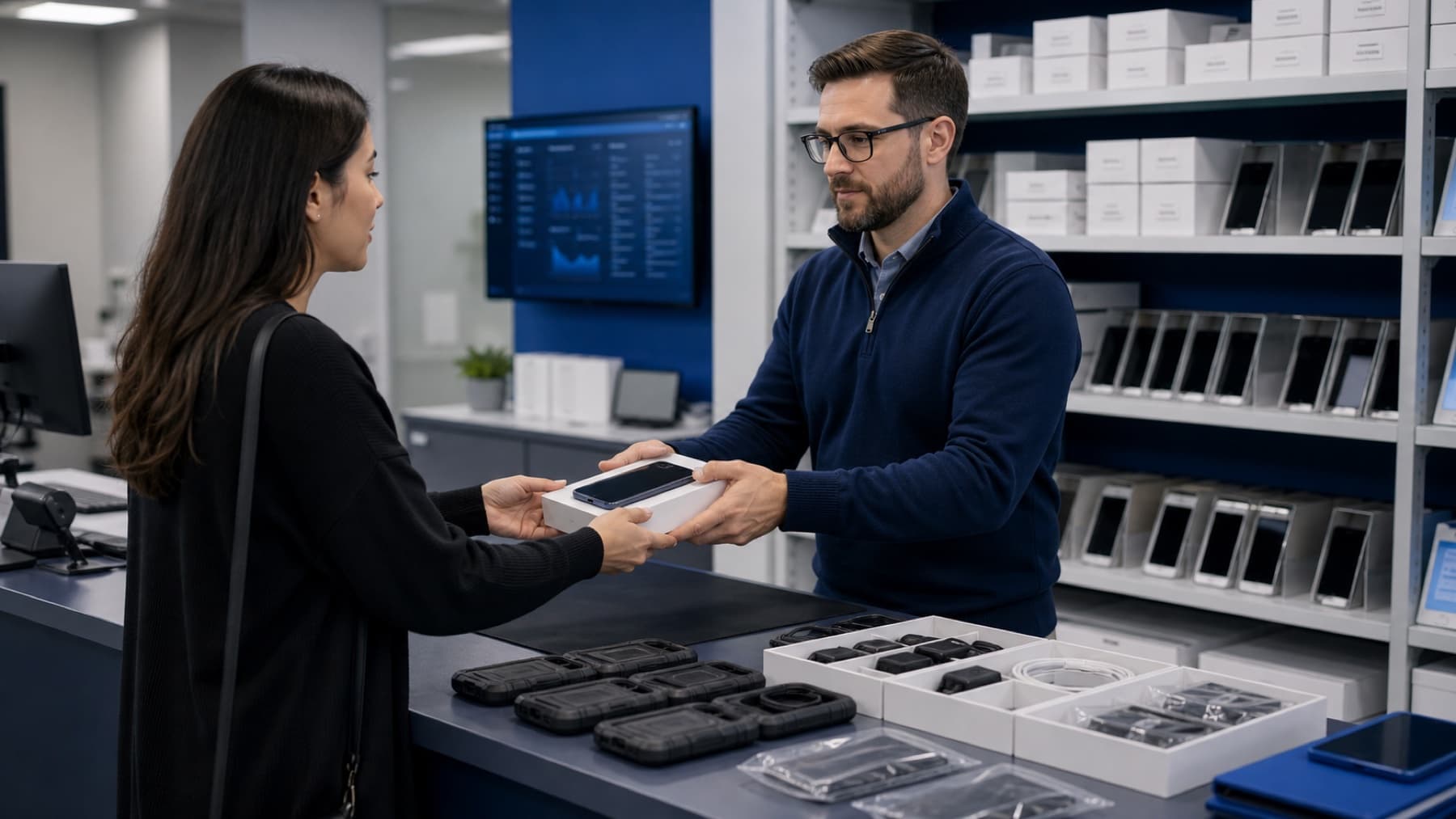 Employee receiving a replacement business phone kit from an IT support counter