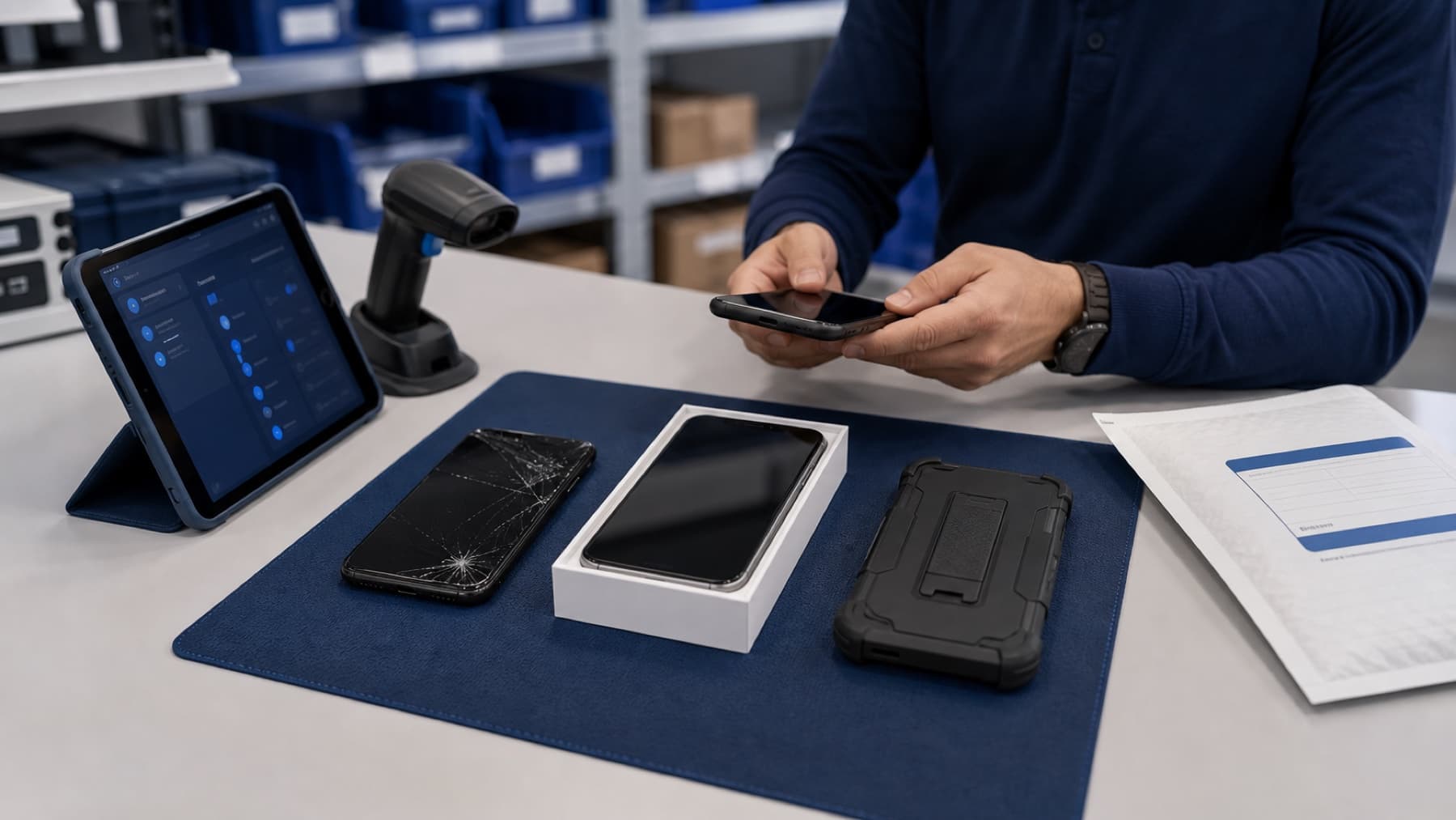 Cracked business phone beside replacement equipment and a return mailer