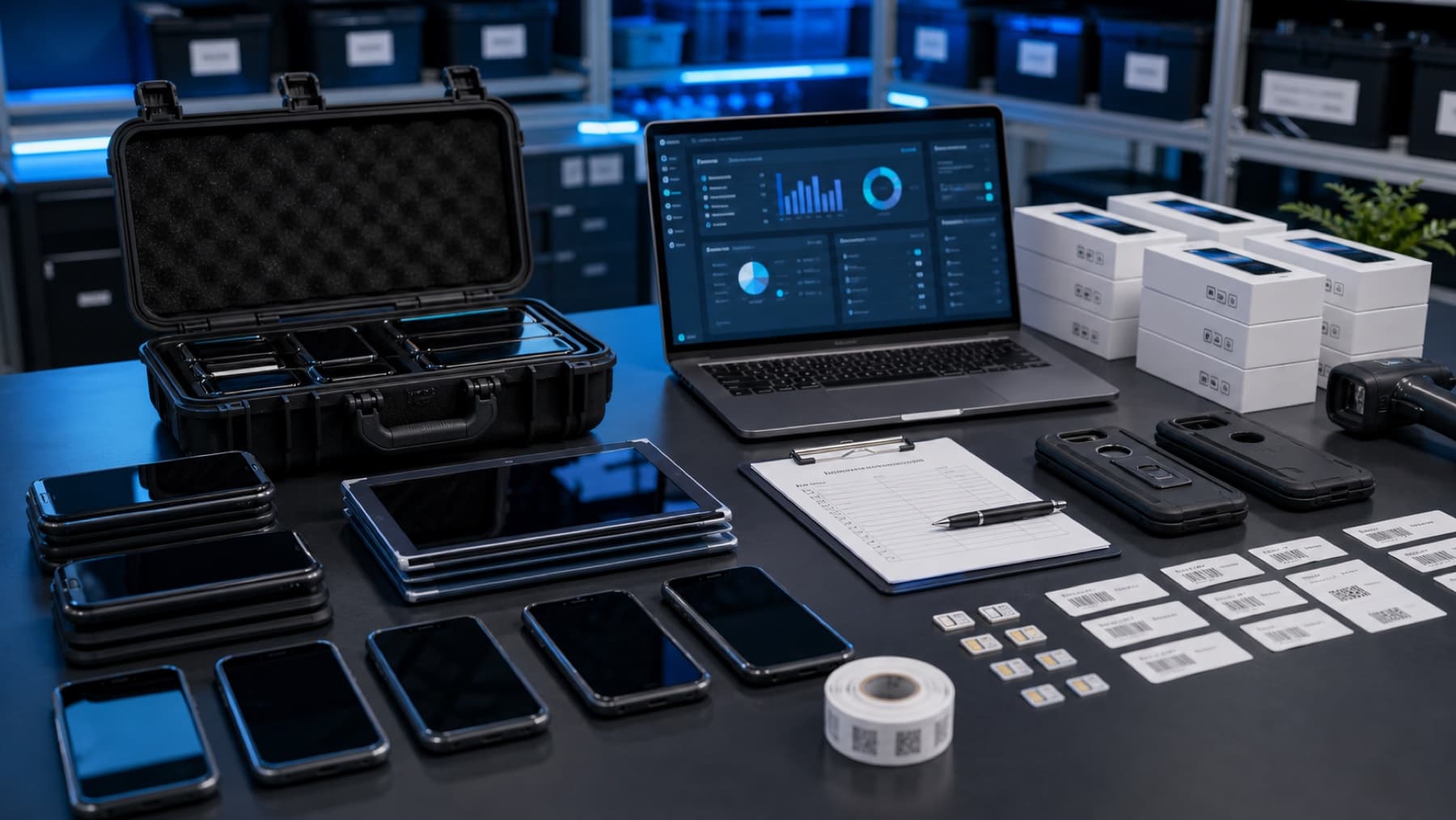 Organized business device fleet with phones, tablets, cases, and protection planning material