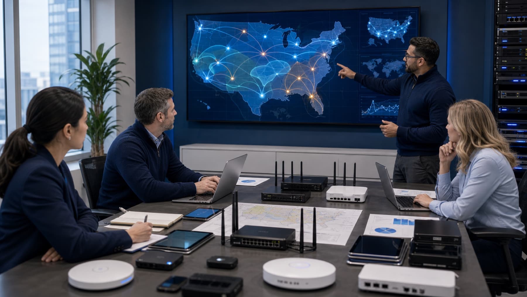 IT team comparing redundant carrier coverage and failover routes for multiple business locations