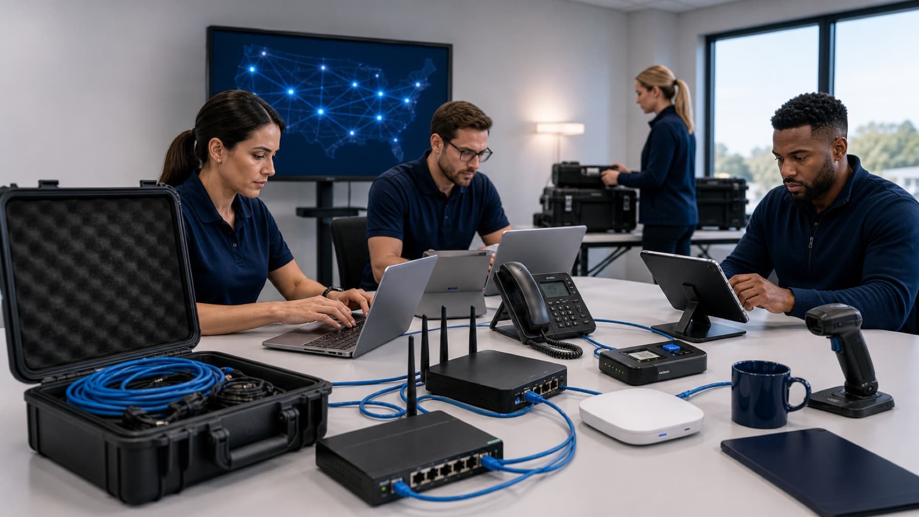 Temporary business connectivity setup with router, laptops, tablets, and neatly managed cables