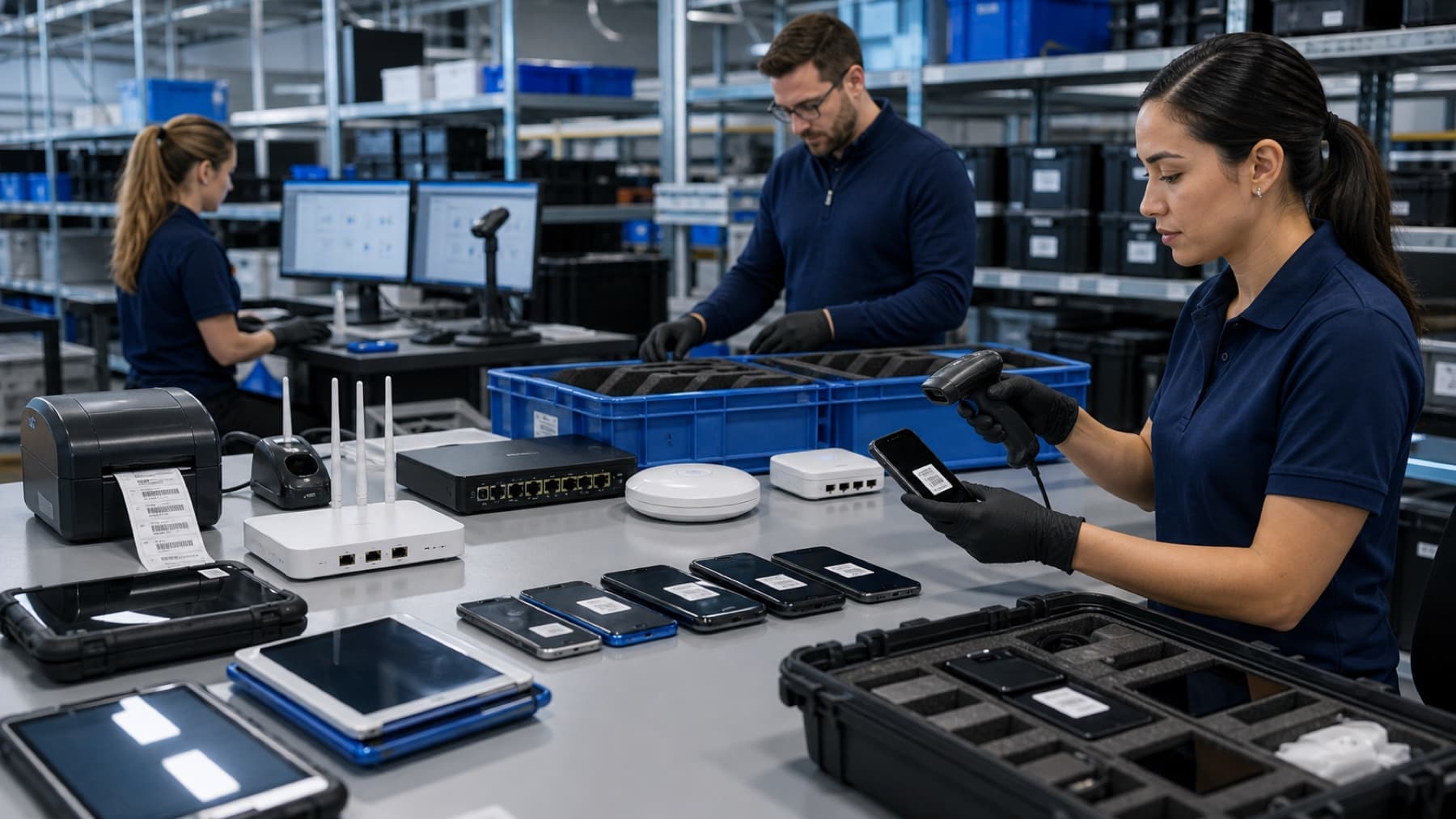 Organized hardware buyback intake bench with phones, tablets, routers, labels, and asset tags