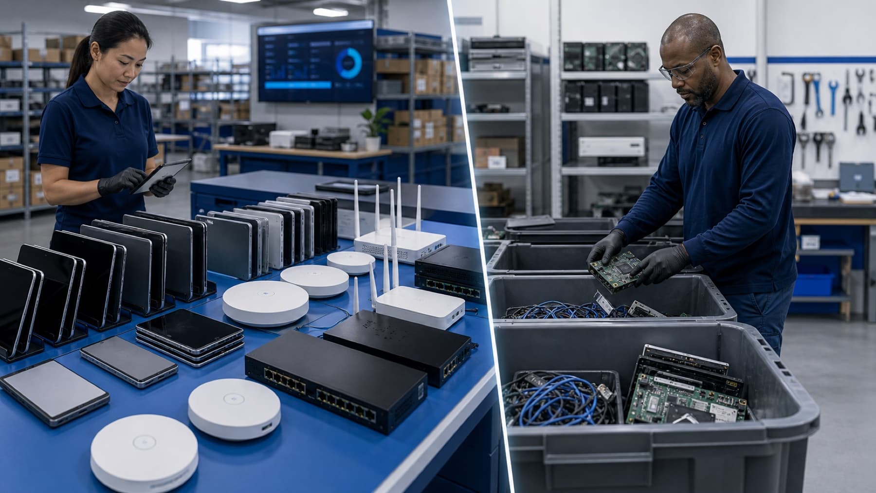 Refurbished devices and responsibly sorted electronics recycling in a clean processing facility
