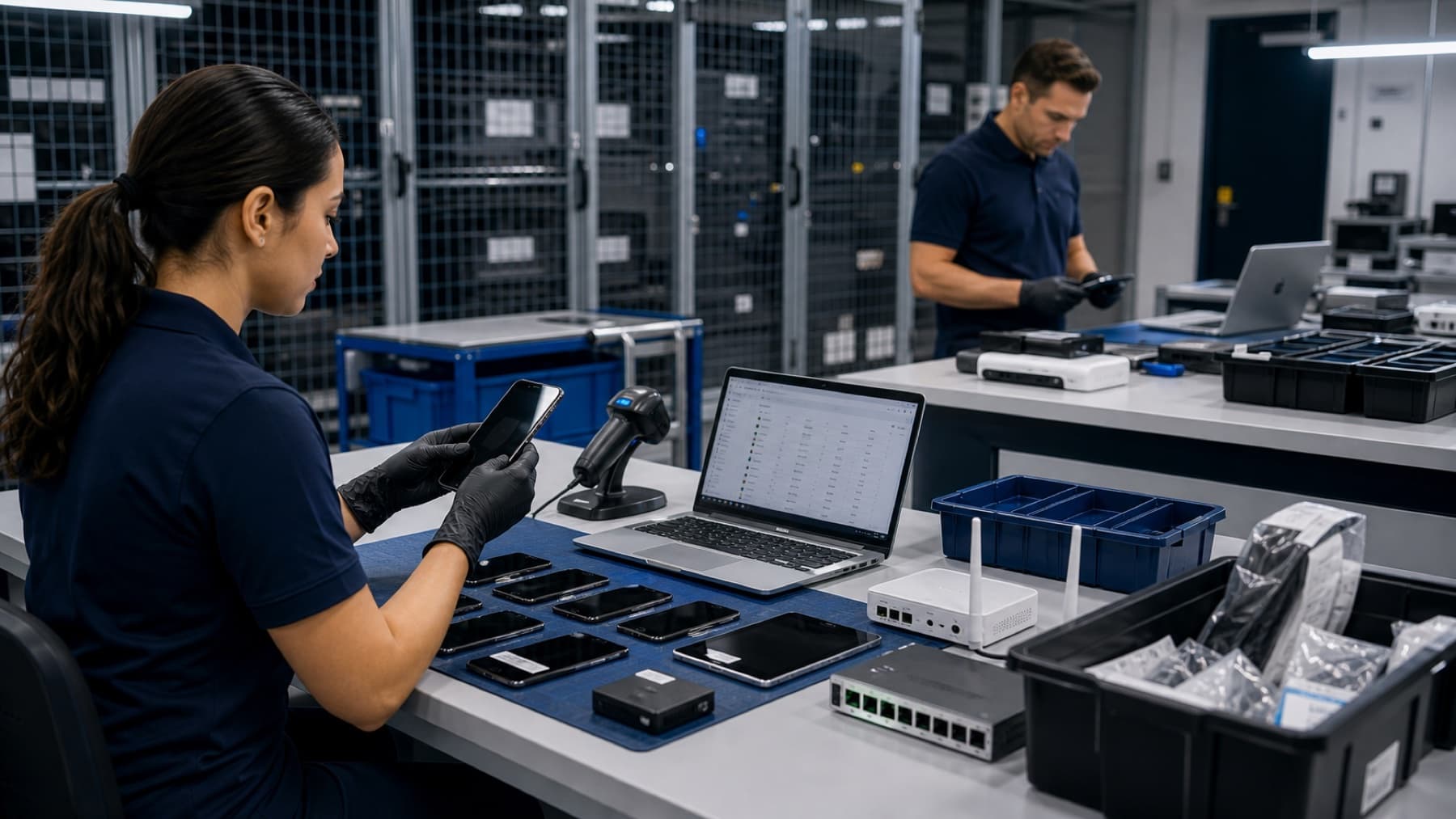 Technicians grading retired company devices near locked storage cages