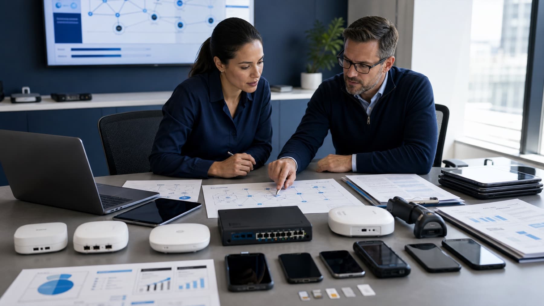 Technology consultants reviewing routers, tablets, laptops, and network planning material