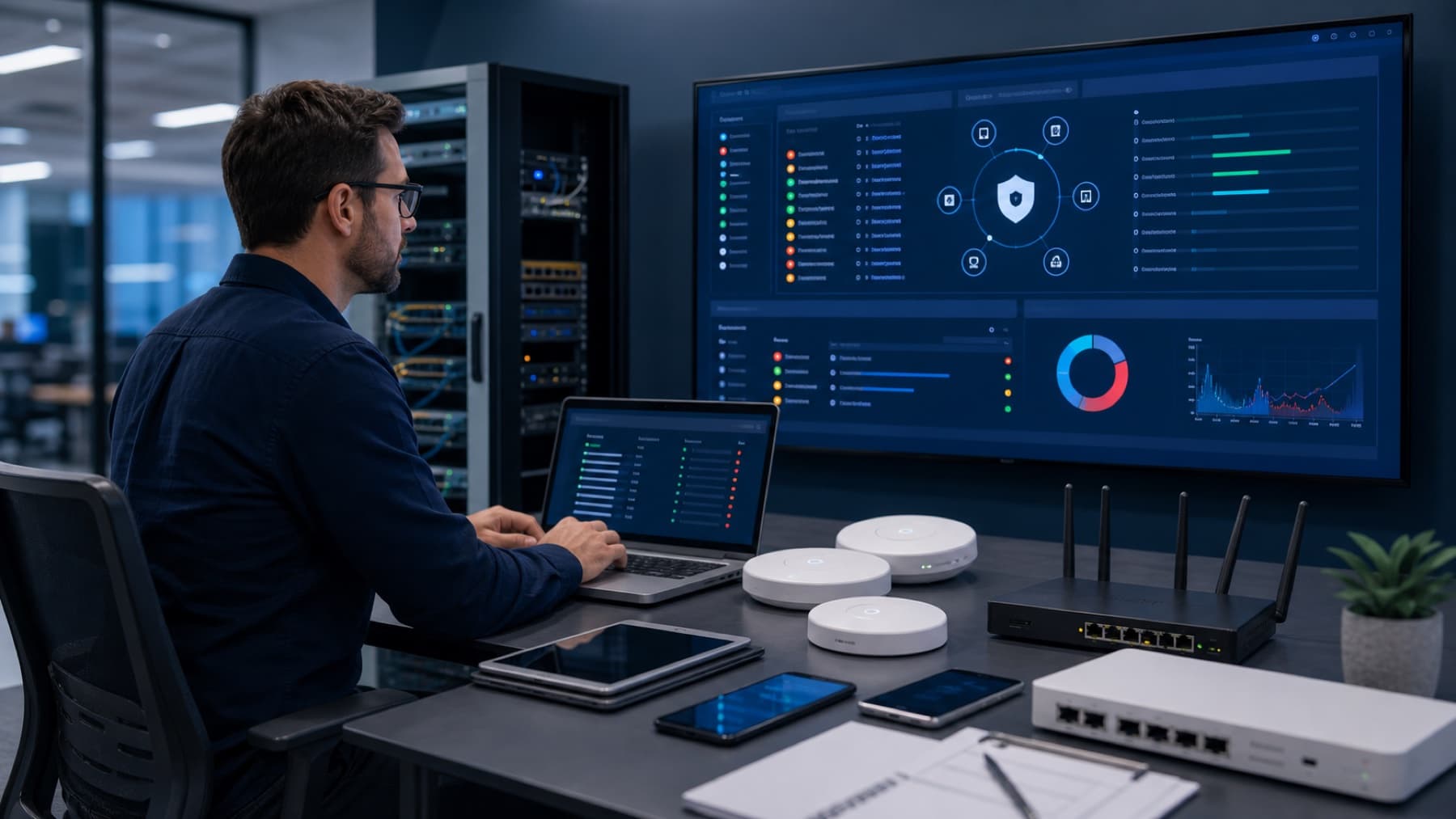 IT specialist reviewing device and wireless security posture in an enterprise setting