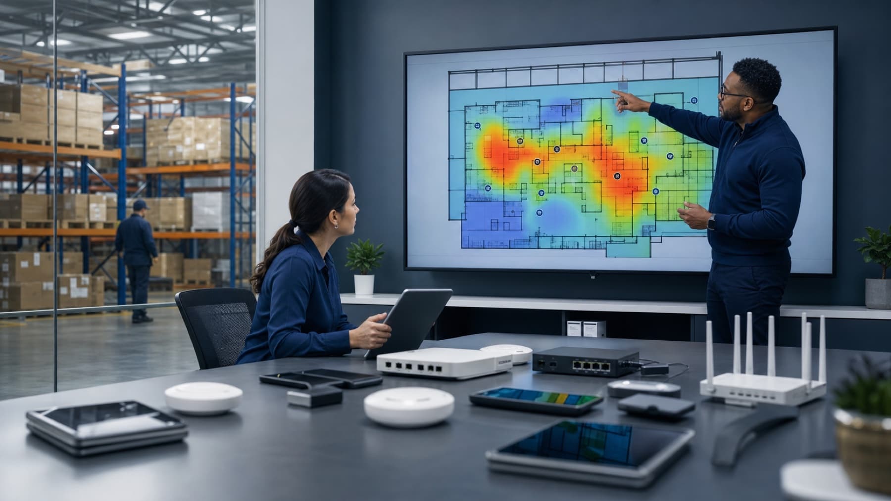 Business technology team reviewing a wireless coverage assessment in an operations room