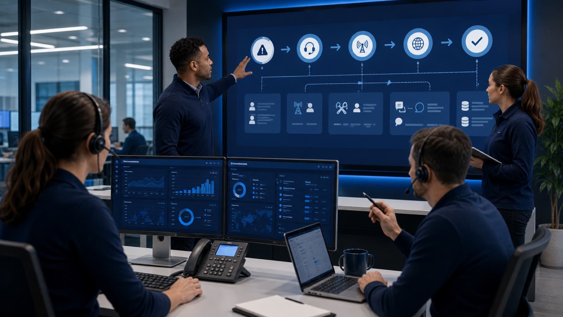 Operations team coordinating a connectivity incident across carrier and support teams