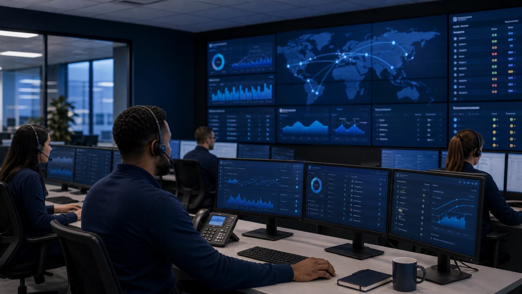 Modern network operations workspace with abstract site status and network health dashboards