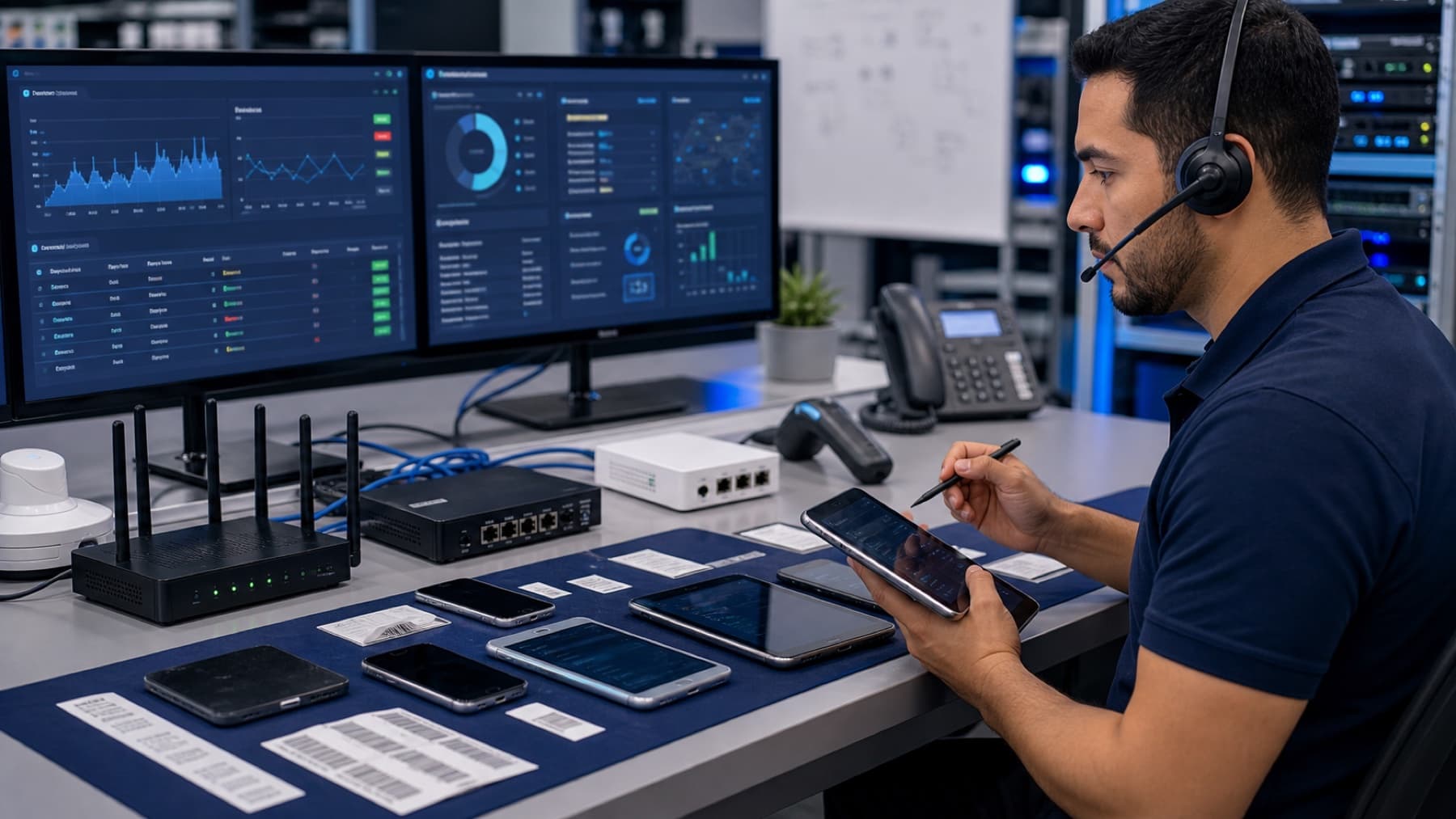Support specialist troubleshooting routers, tablets, phones, and SIM-connected gateways