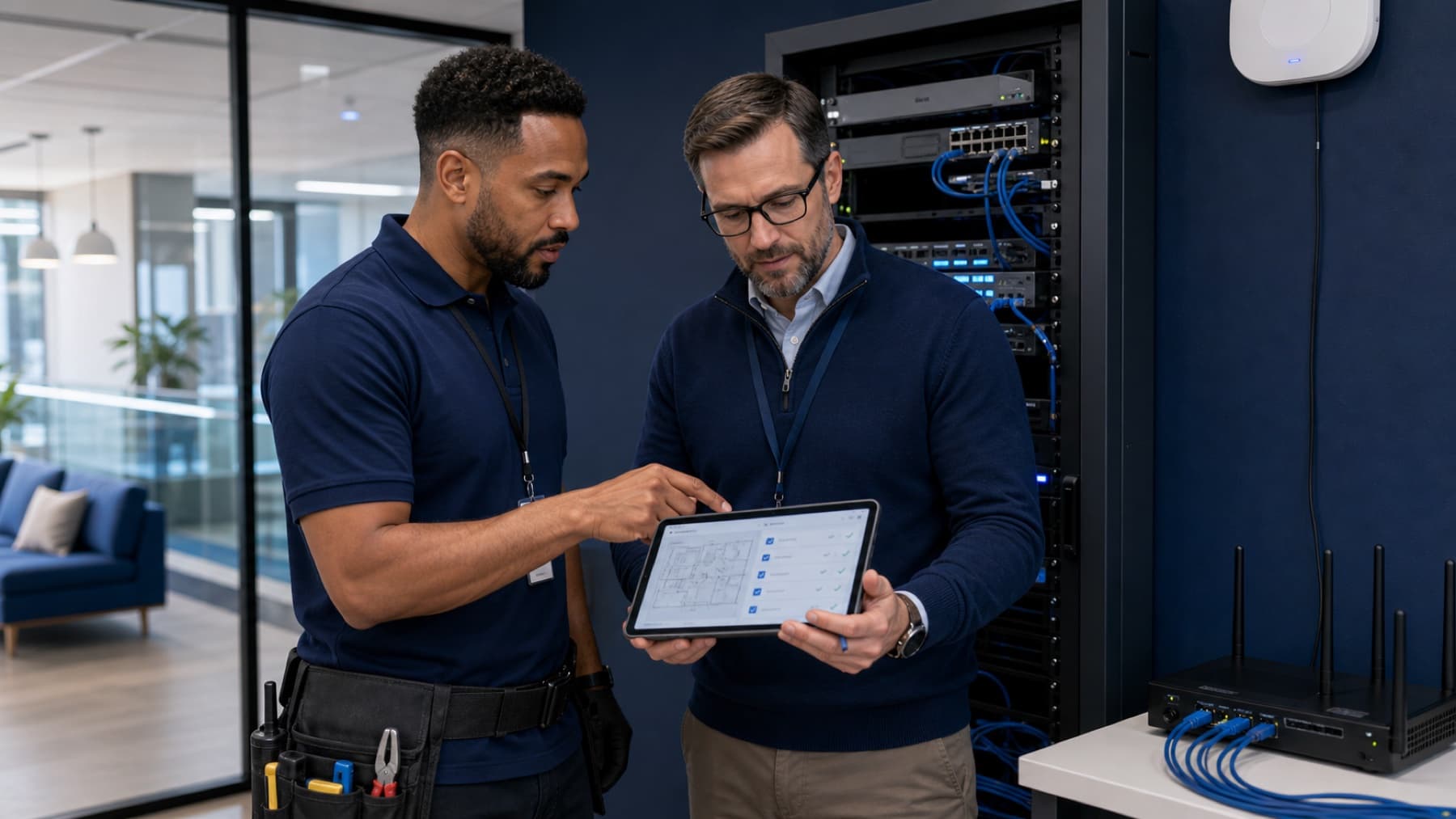 Technician and IT manager reviewing installation documentation beside network equipment