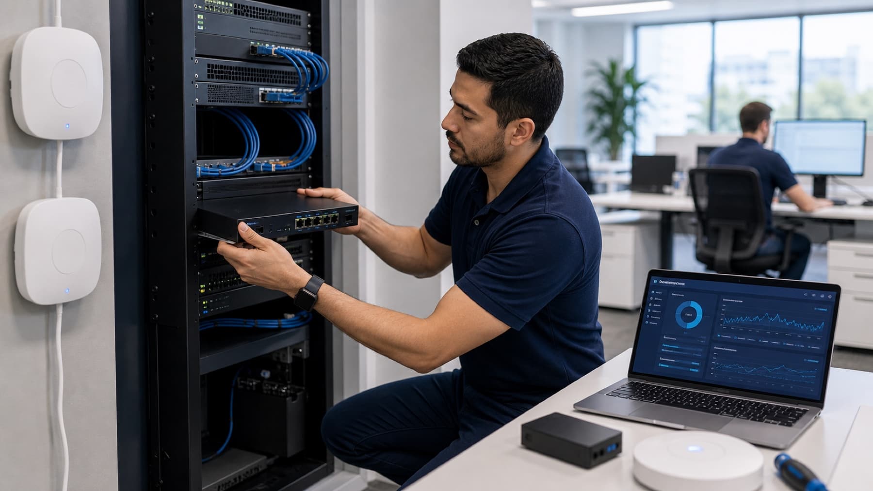 Technician installing router and wireless equipment in a business office