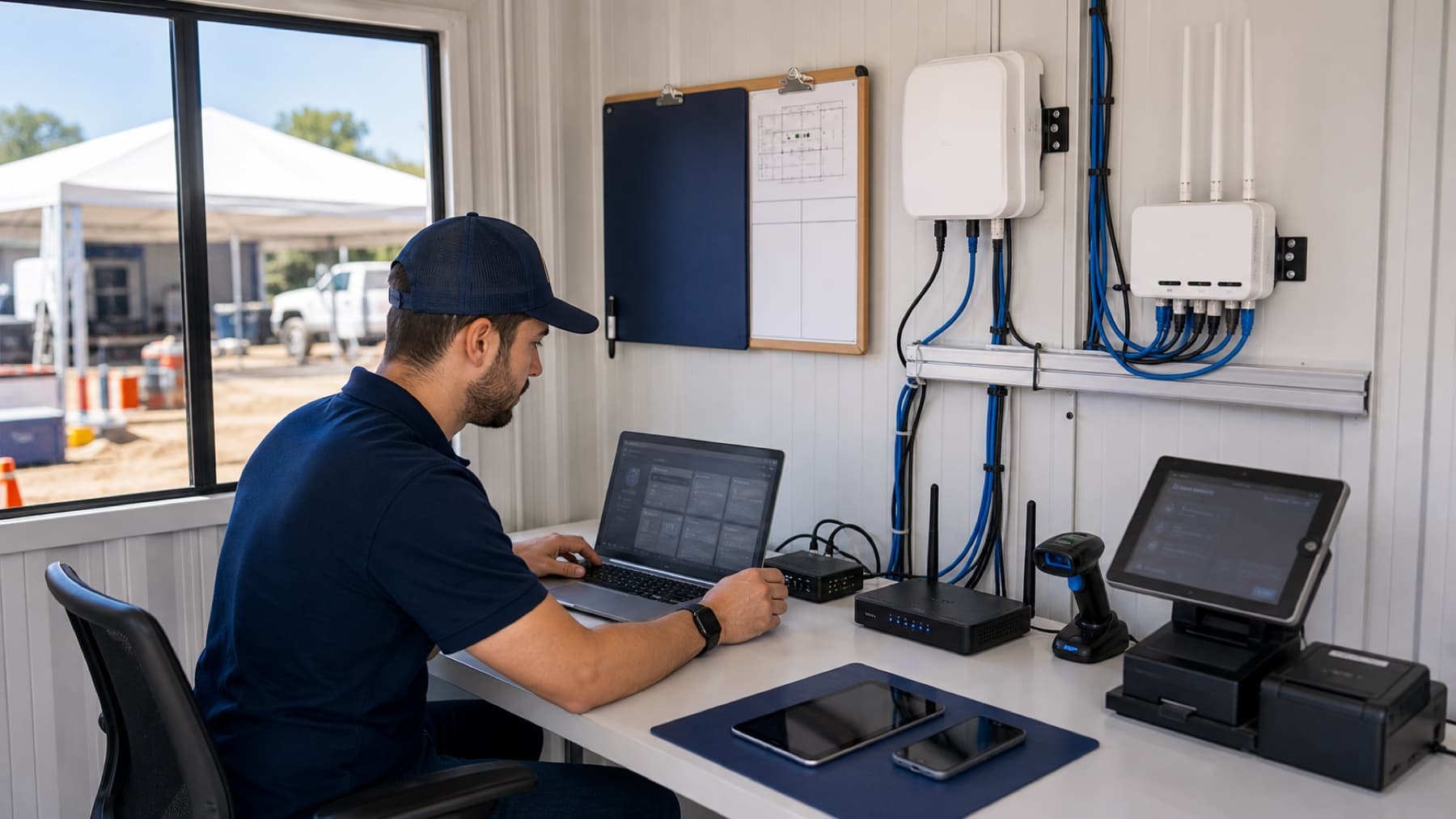 Temporary business site with cellular gateway, router, laptops, and tablets being validated