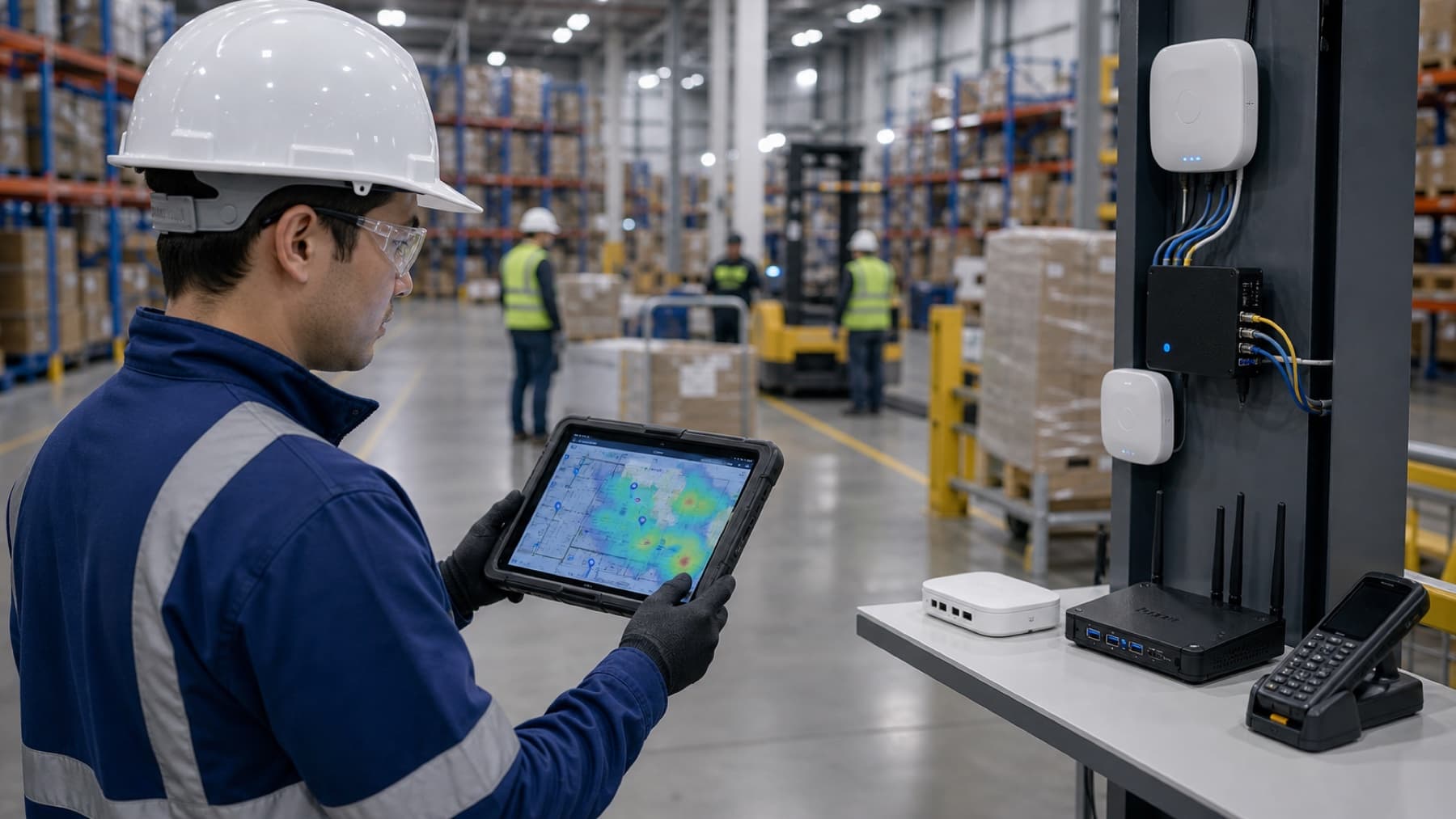 Technician testing wireless coverage on a warehouse operations floor