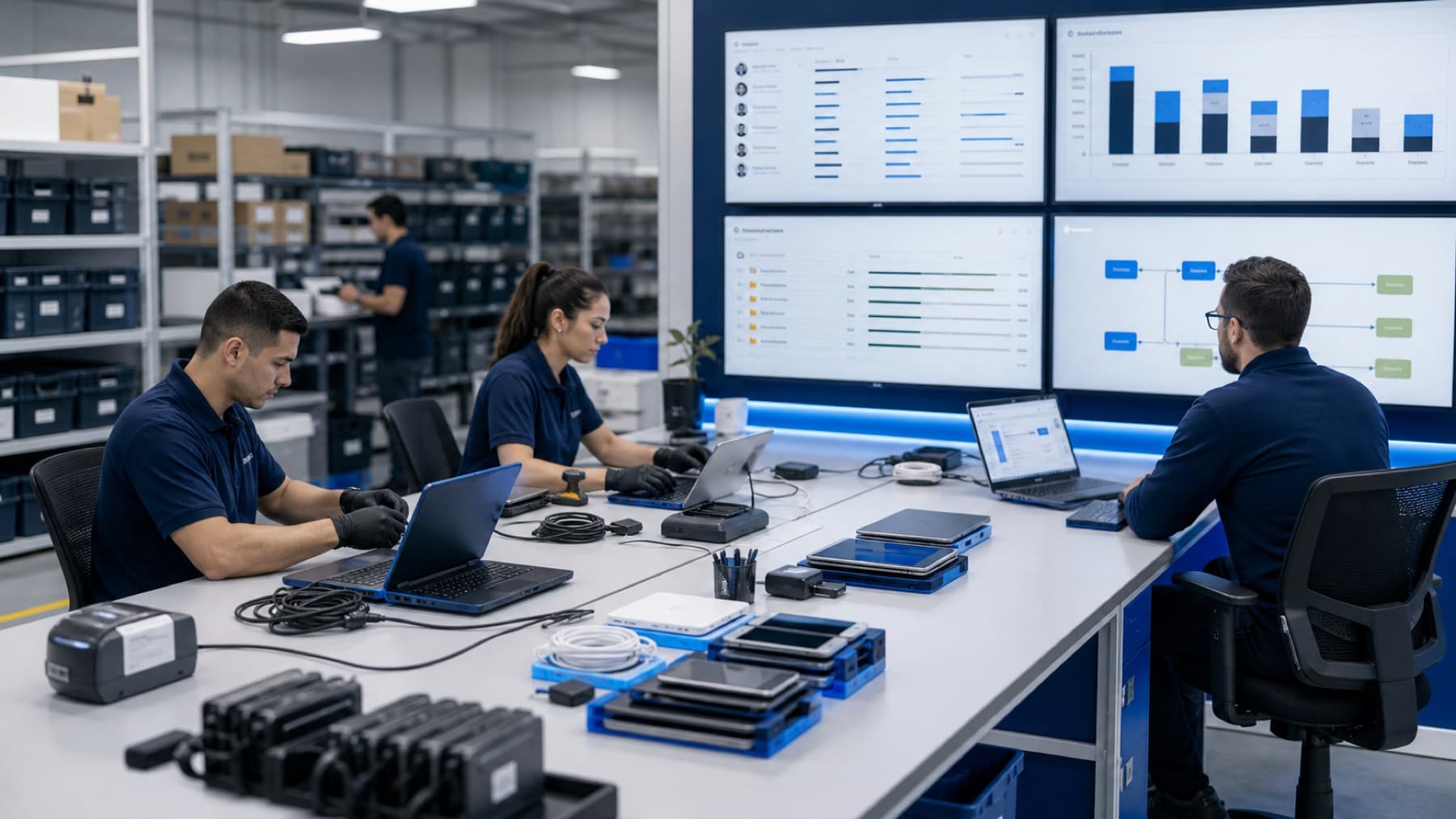 IT team preparing laptops, tablets, and phones while reviewing migration and access planning