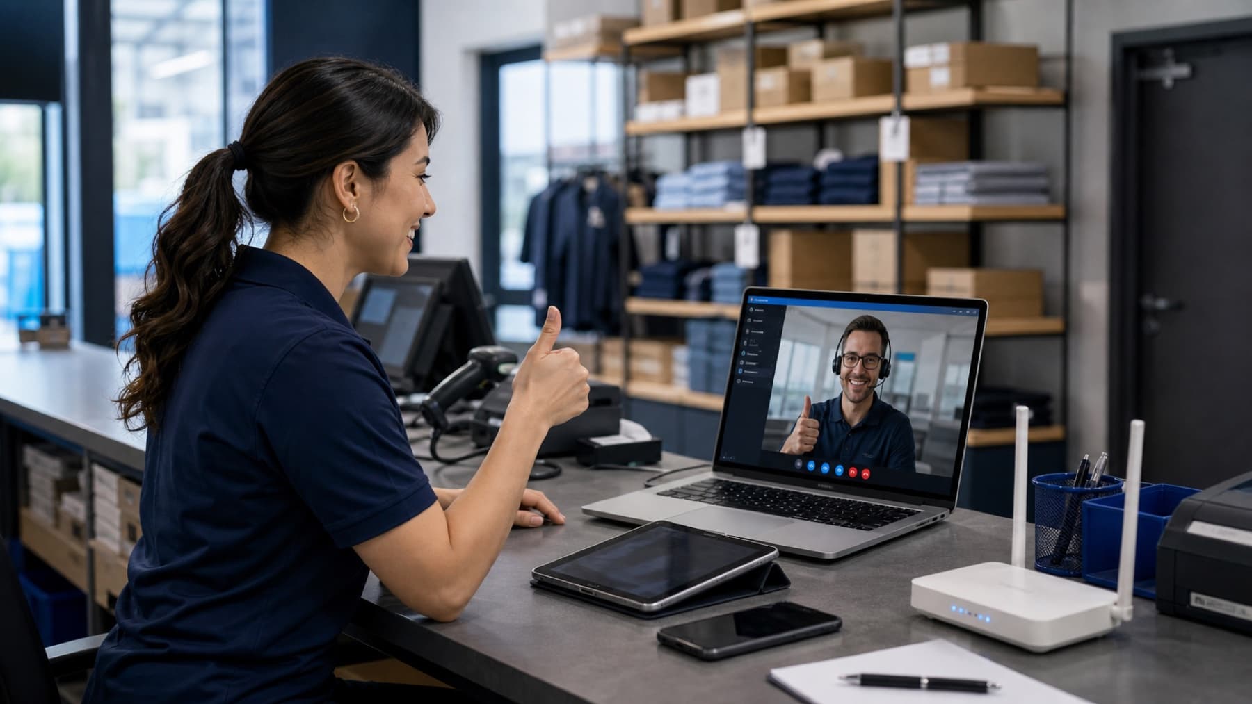 Business user in a warehouse office back online after remote support