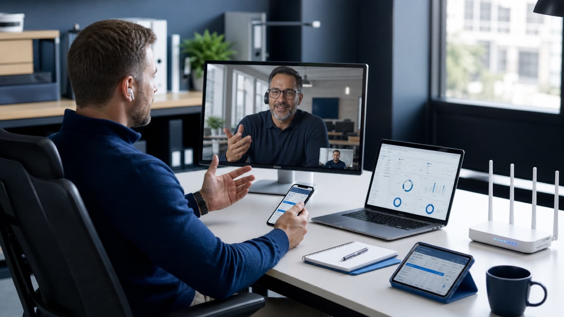 Business user receiving remote IT support through a laptop and mobile device