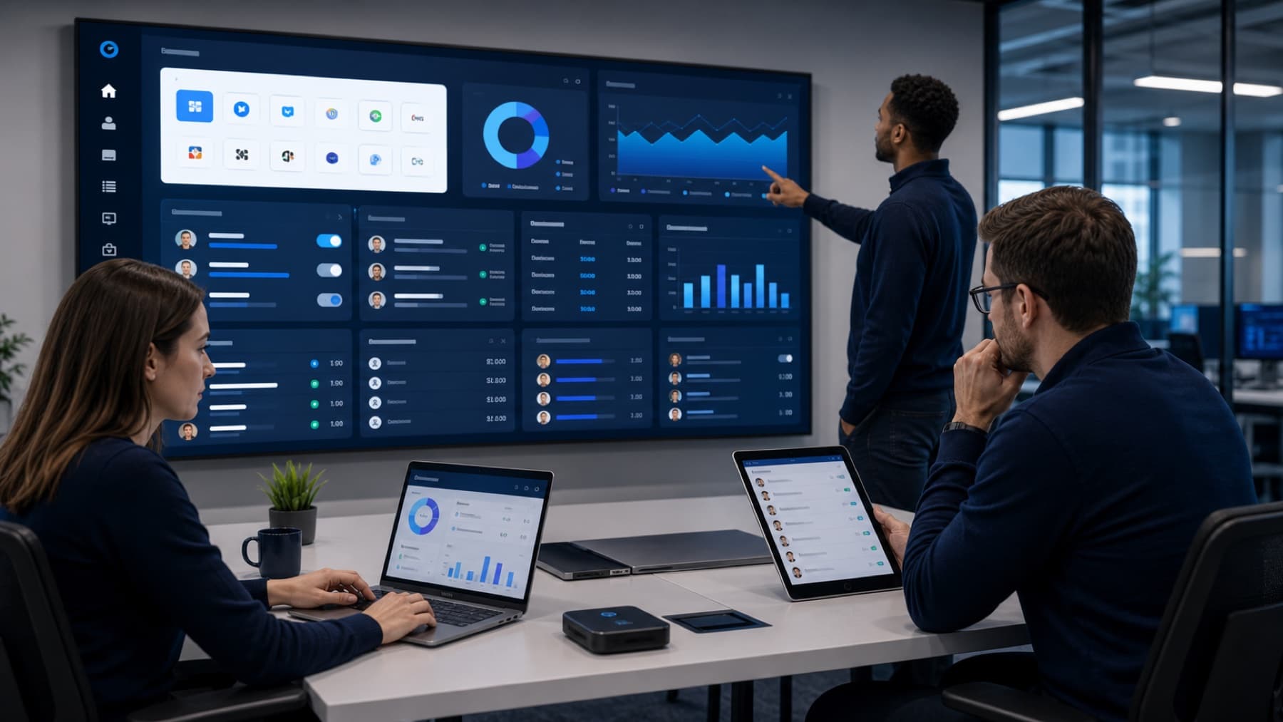 Cloud software dashboard showing users, licenses, subscriptions, devices, and collaboration tools