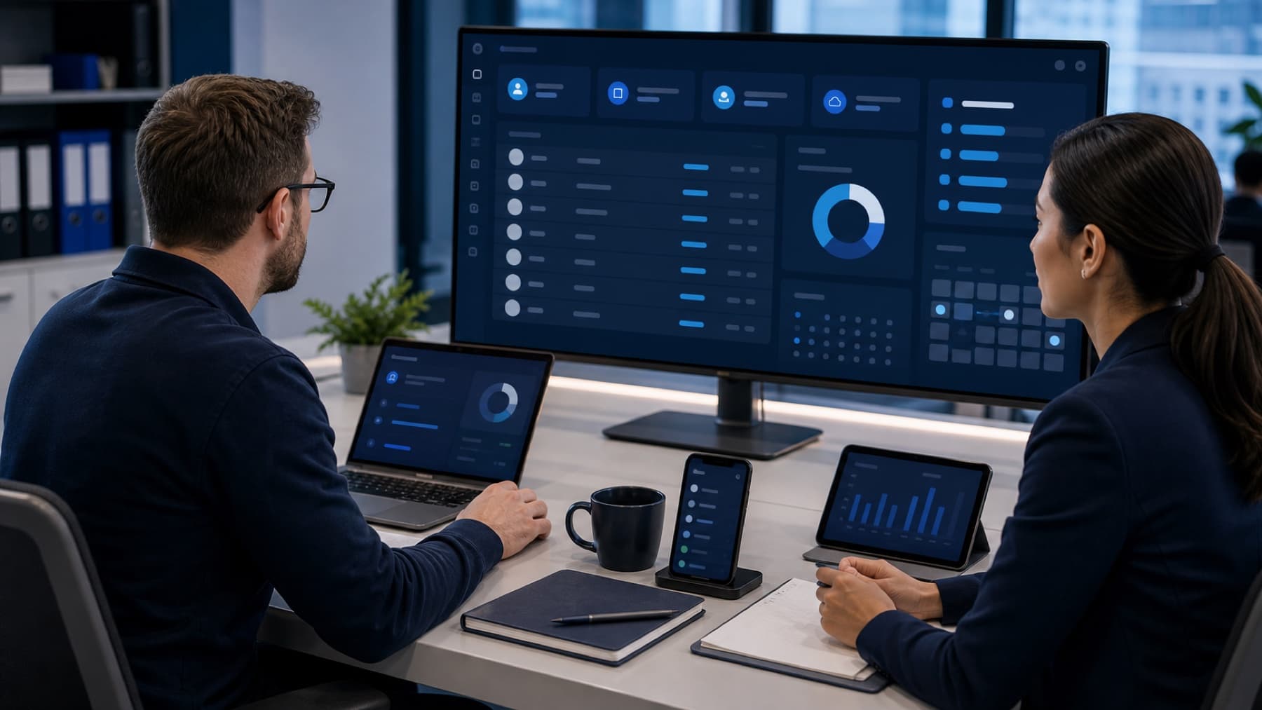 IT team planning a cloud migration and software rollout on a conference table