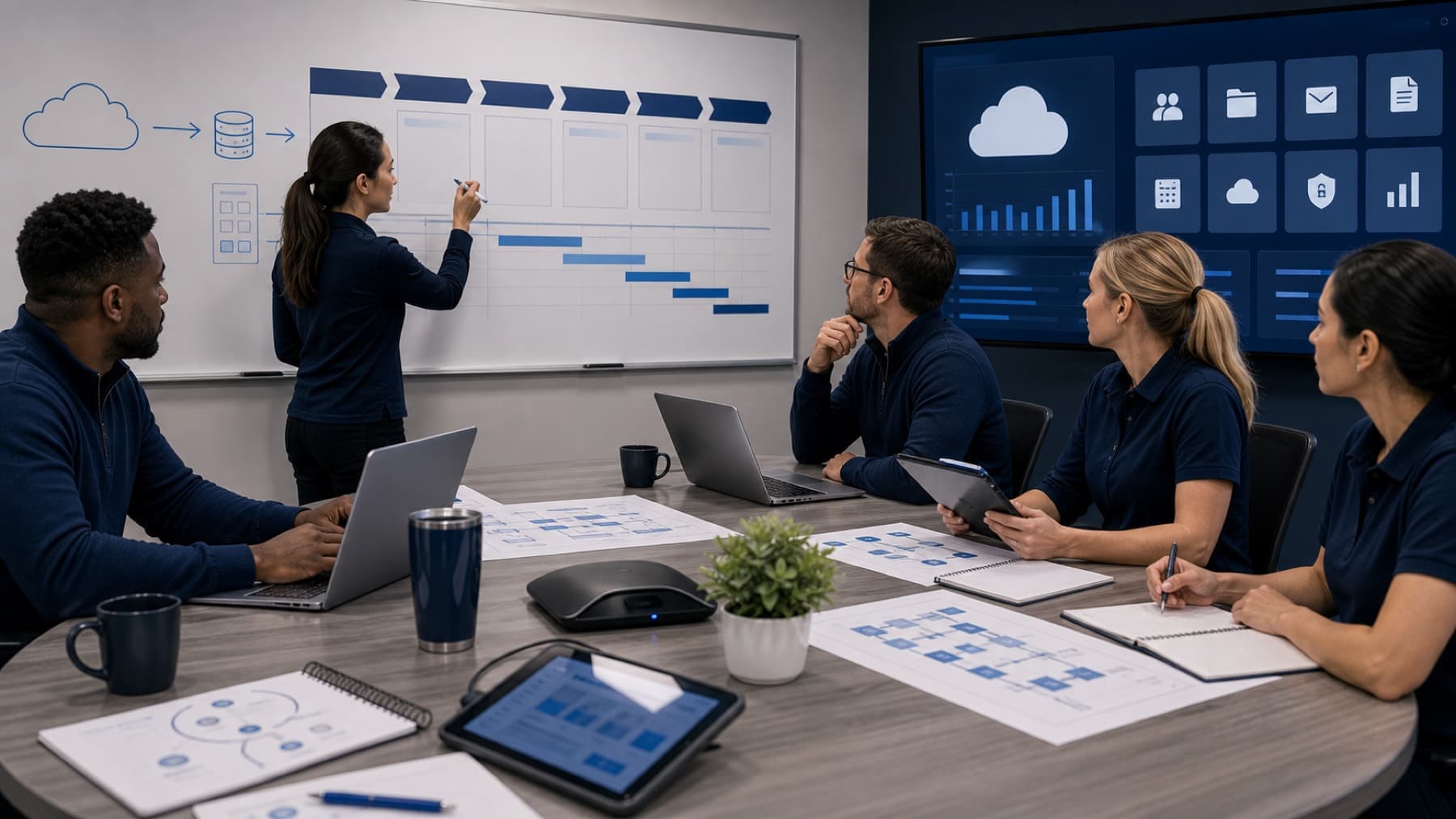 Business users collaborating across cloud applications on laptops, tablets, and phones