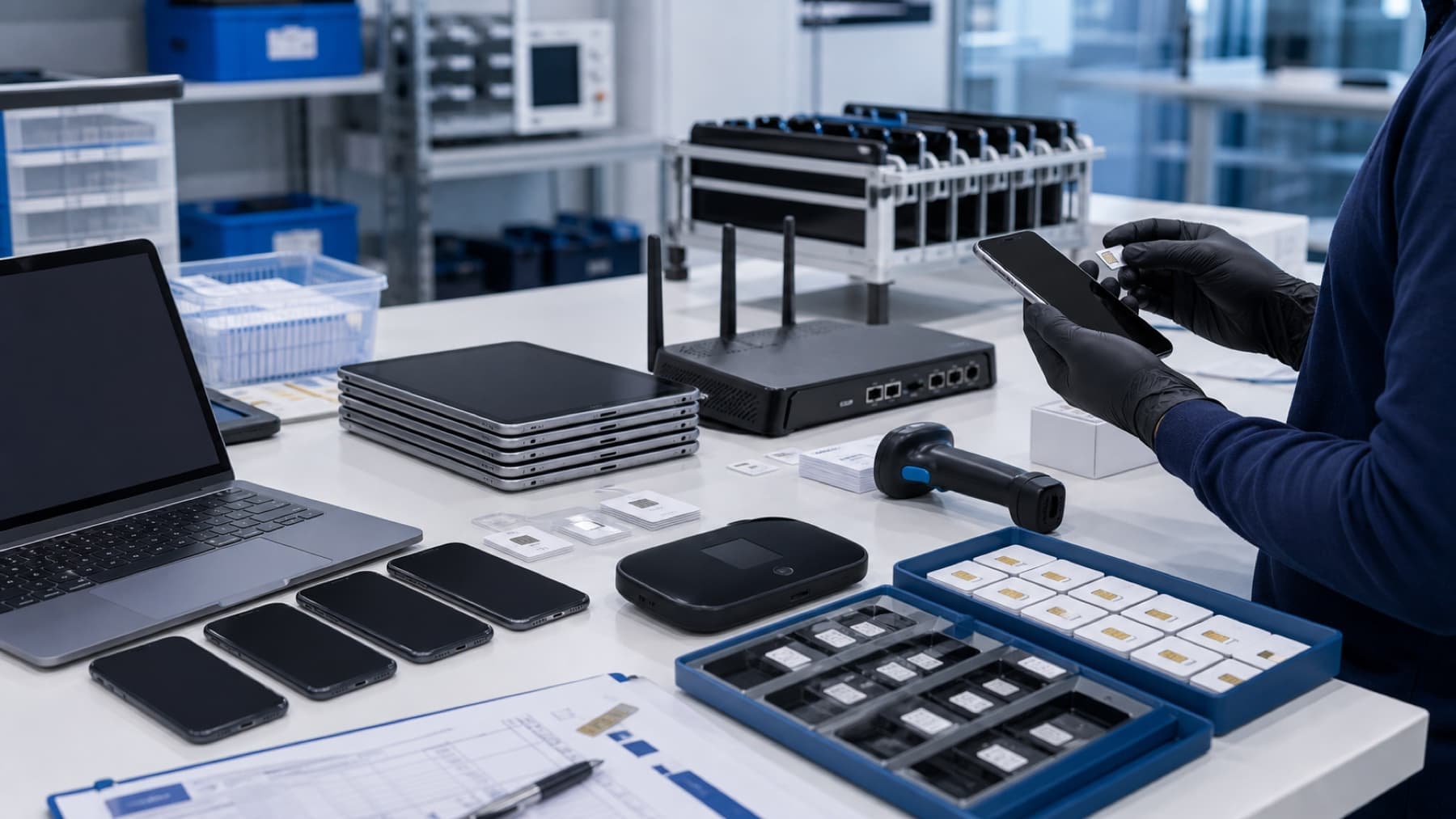 Phones, tablets, SIM cards, hotspots, and routers staged for business wireless activation