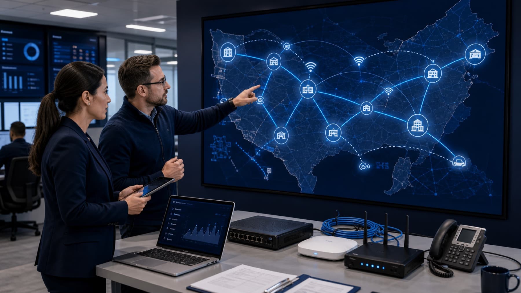 Branch office router failover setup with fiber modem, cellular gateway, and managed network equipment