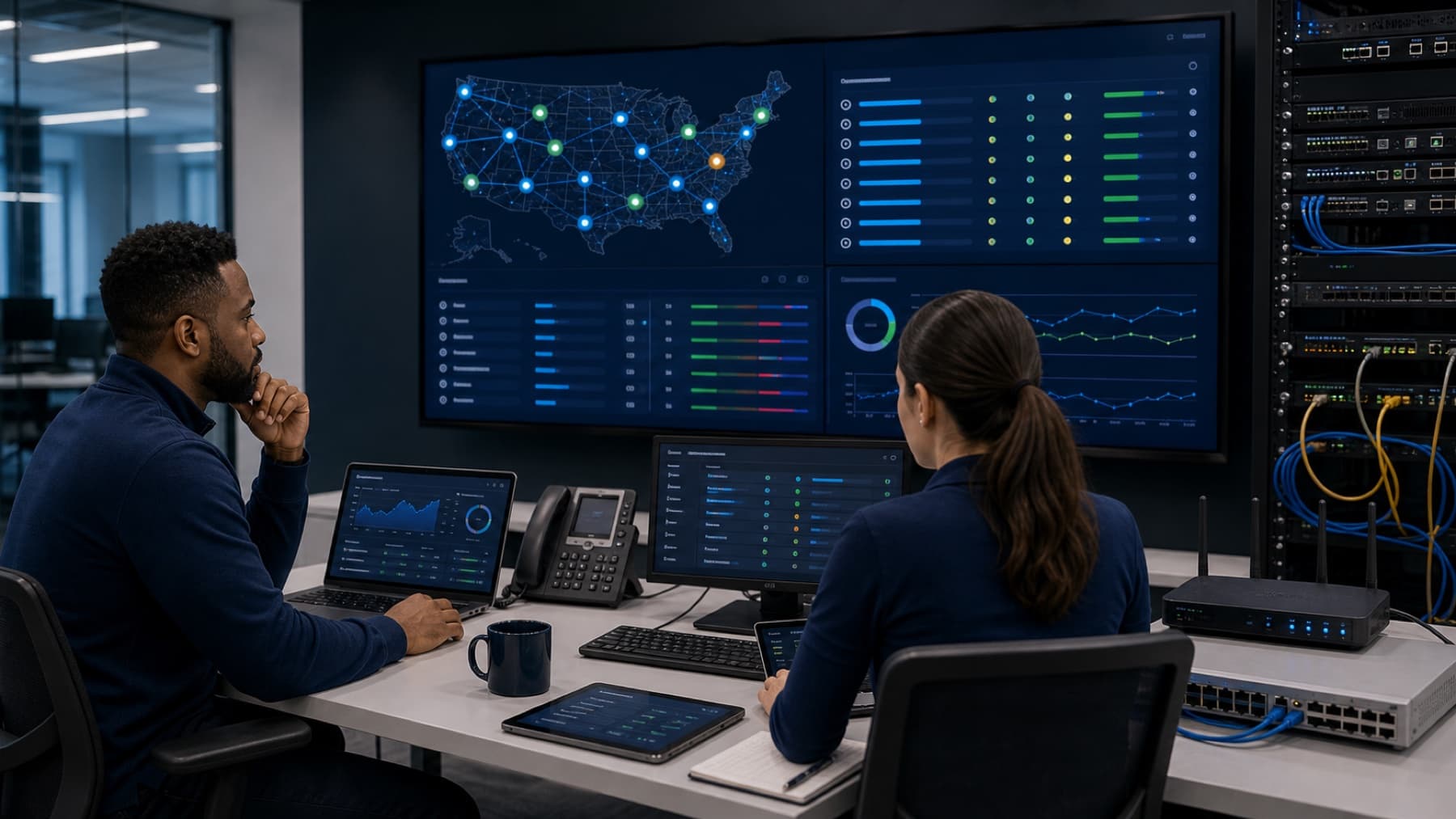 Technician and business manager reviewing connectivity options at a warehouse and office site
