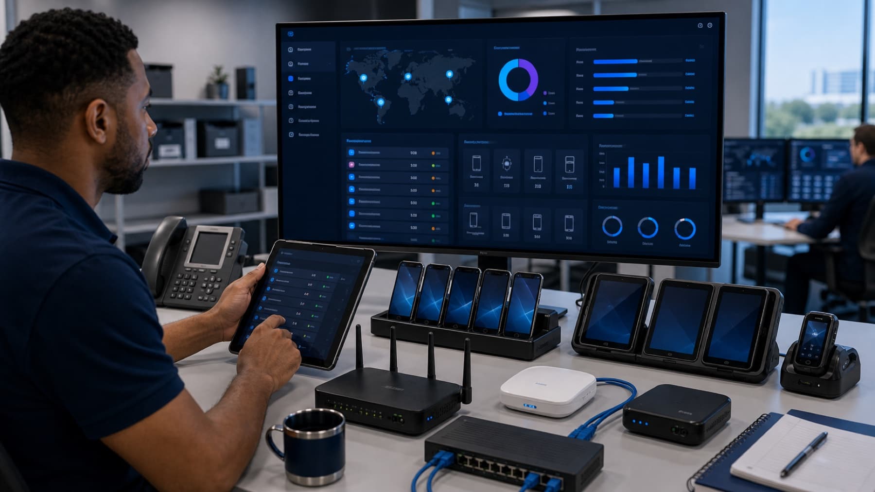 Device management dashboard showing grouped phones, tablets, routers, locations, and compliance status