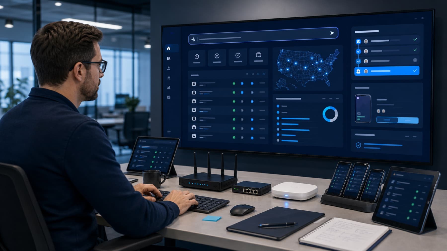 Administrator typing a natural language device management command into a Sense dashboard