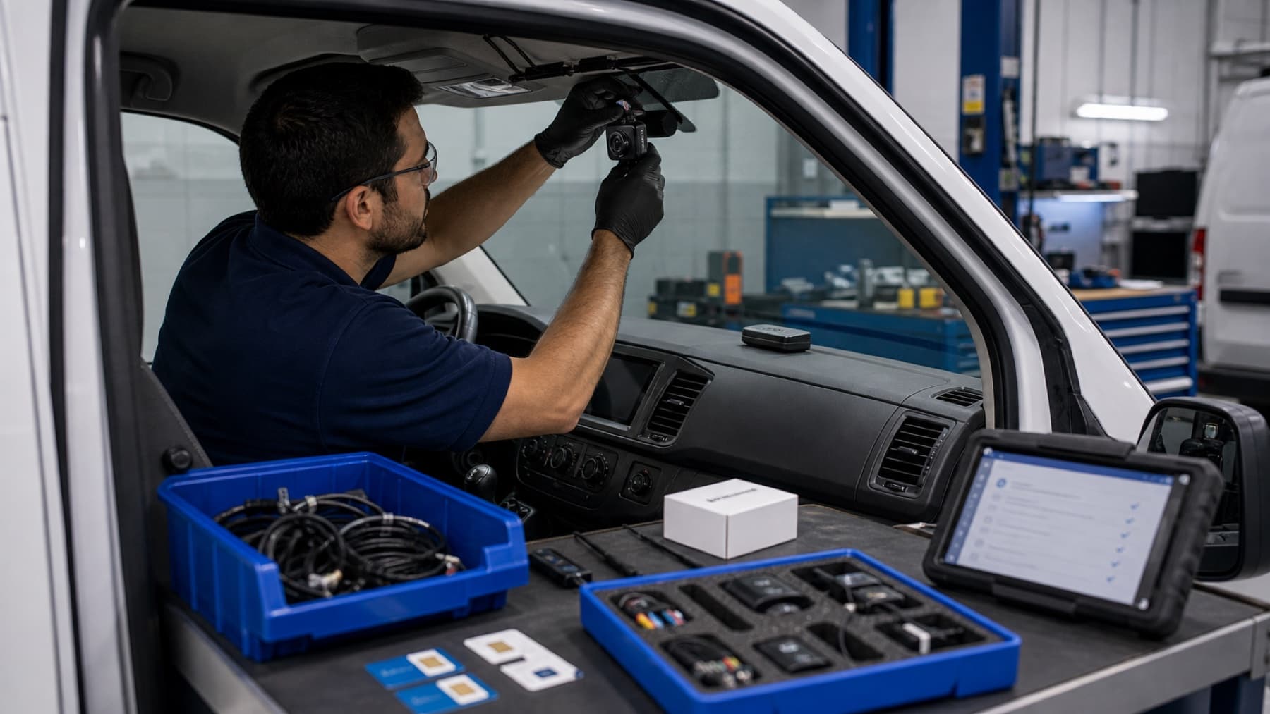 Technician installing a connected fleet camera in a commercial vehicle