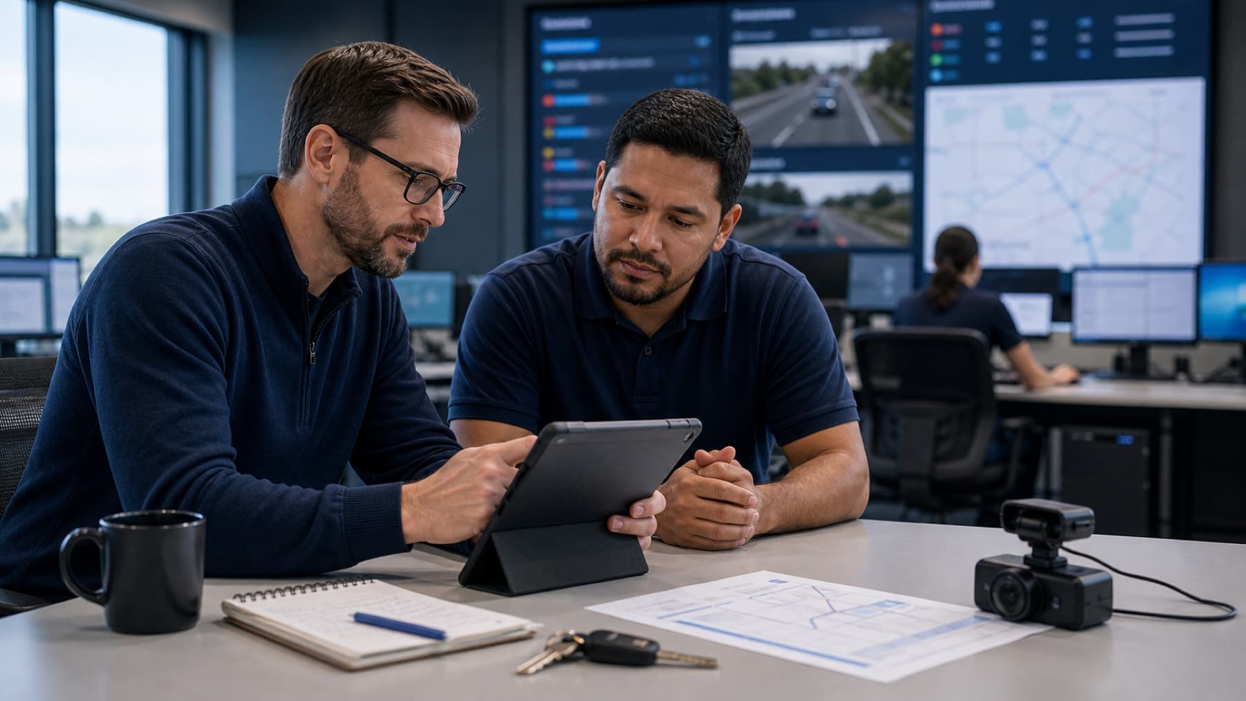 Fleet manager reviewing safety events and vehicle activity with a driver