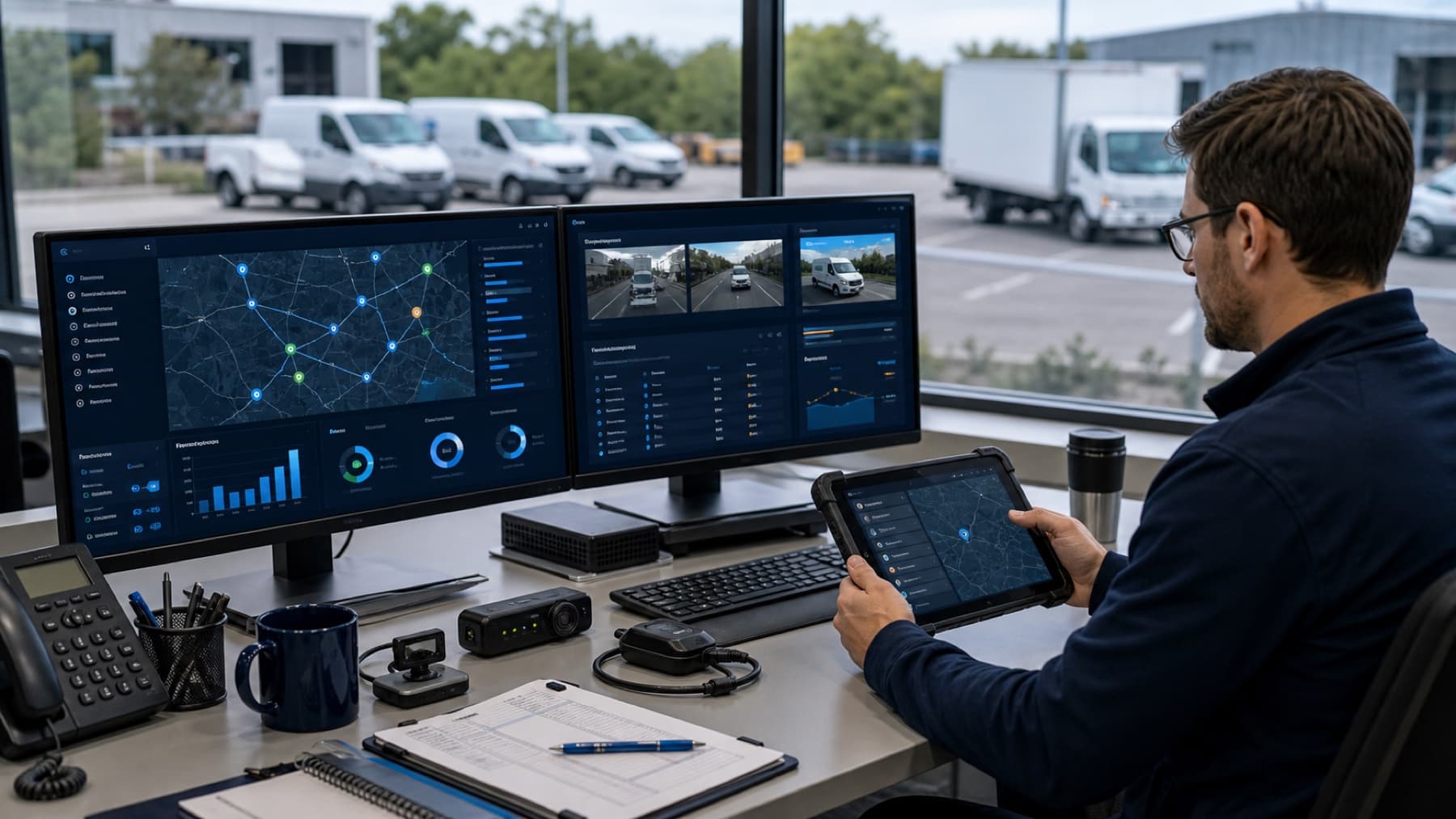 Fleet operations desk with vehicle routes, camera events, and connected device status