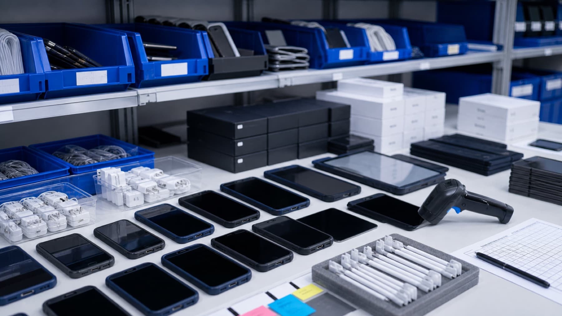 Phones and tablets staged with cases, chargers, labels, and deployment bins