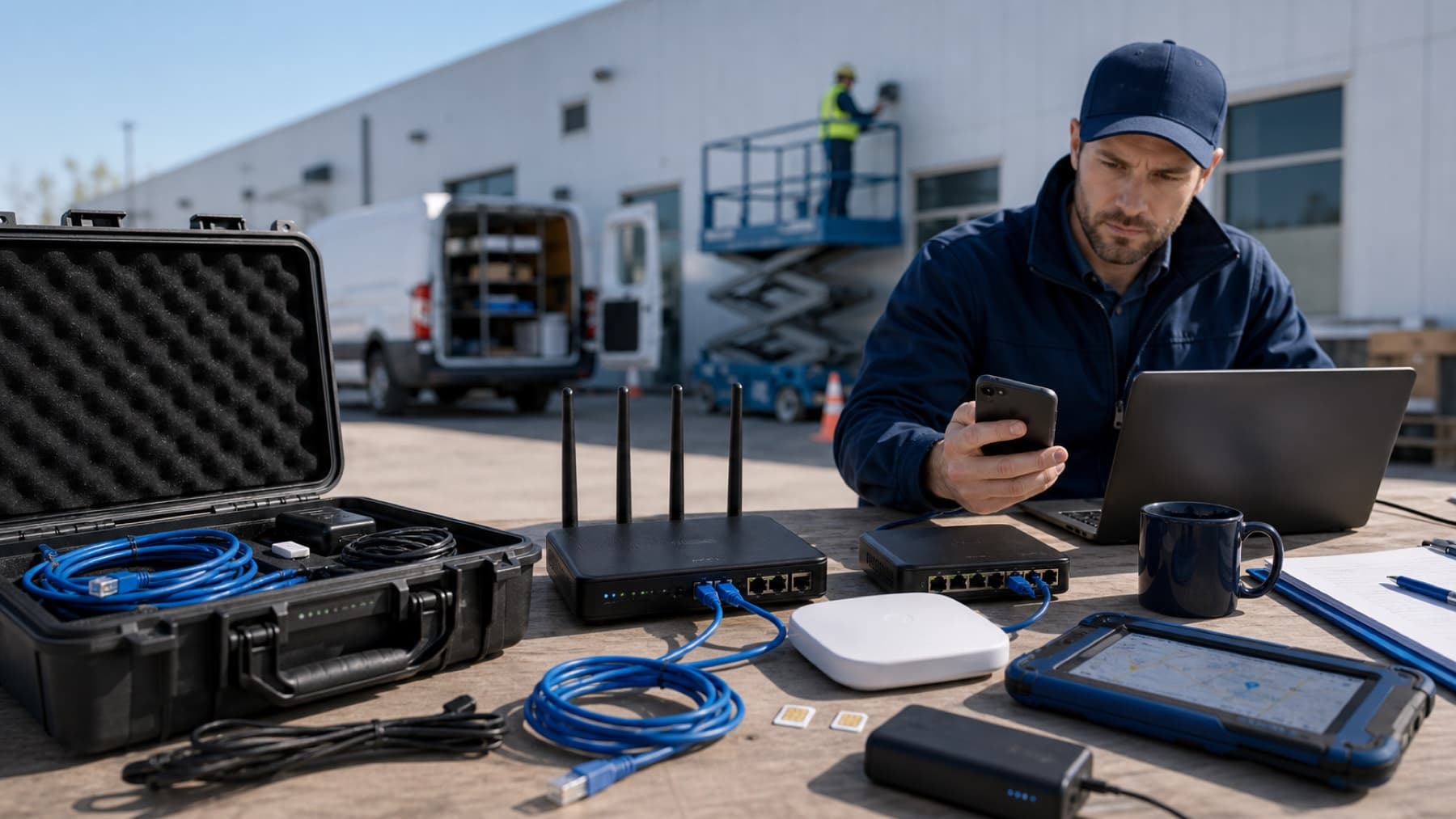 Cellular router, antennas, SIM cards, rugged tablet, and laptop staged for branch connectivity