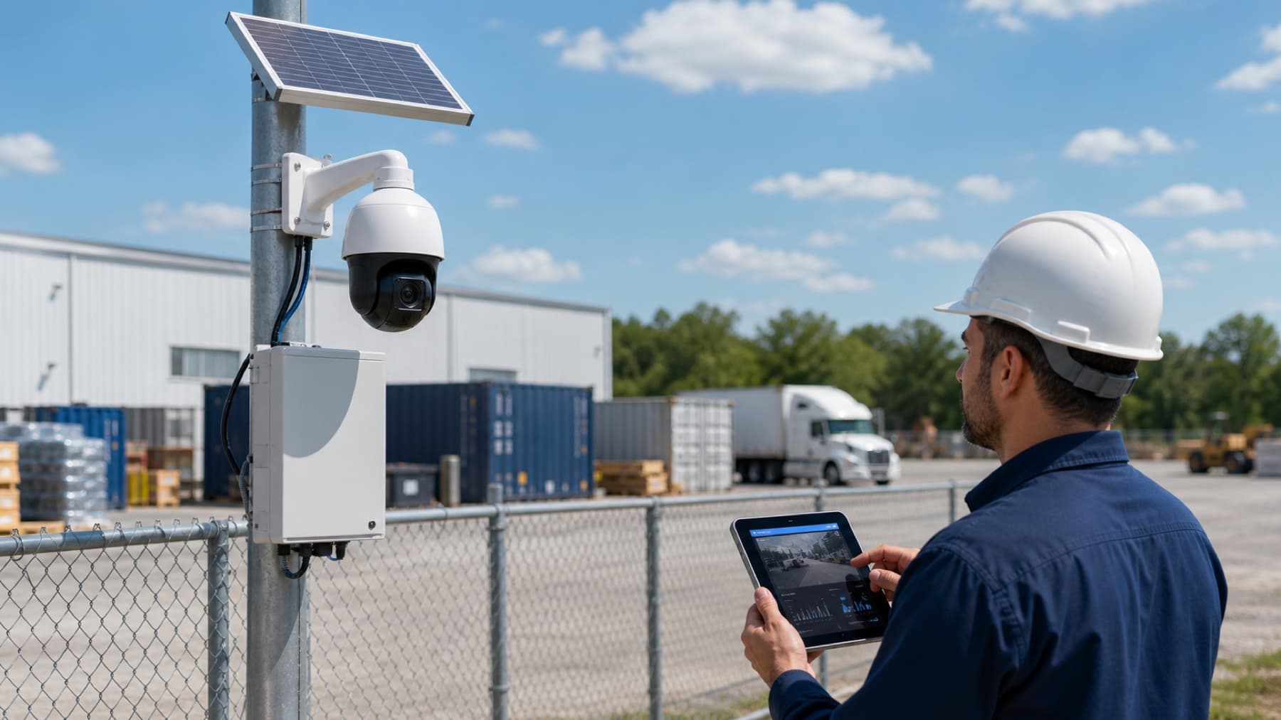 SIM-connected surveillance camera and wireless router at a remote business site