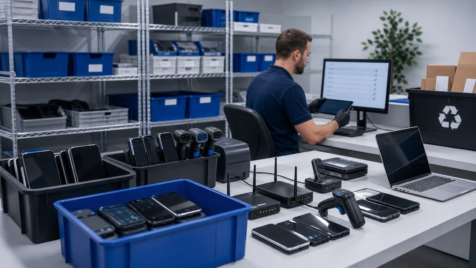 Returned phones, tablets, and routers being scanned for redeployment, buyback, recycling, or disposal