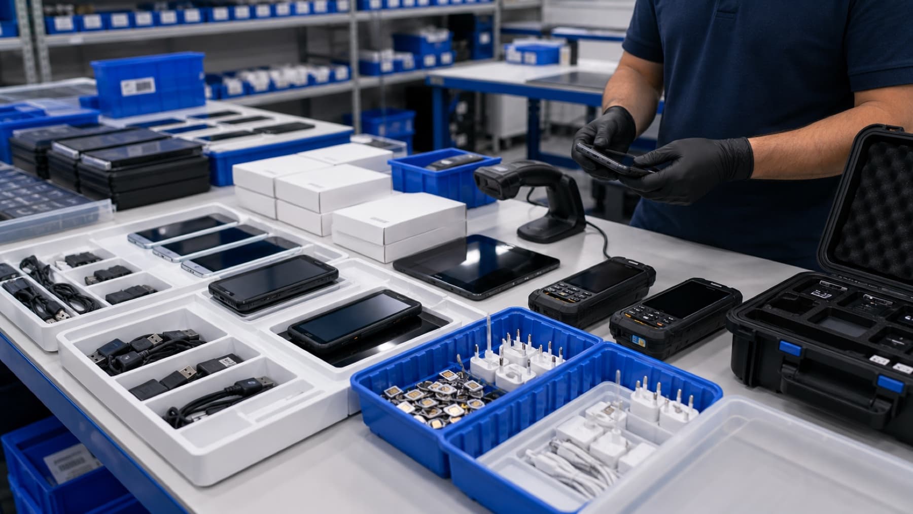 Business devices, routers, SIM cards, labels, and deployment kits on a staging bench