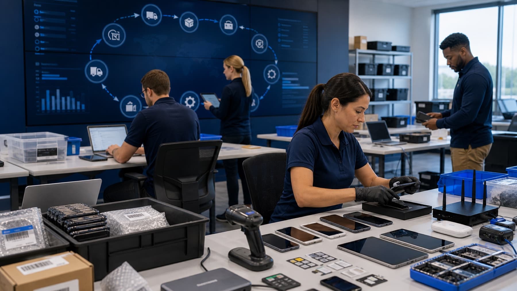 Technology operations team managing the lifecycle of phones, tablets, routers, and connected assets