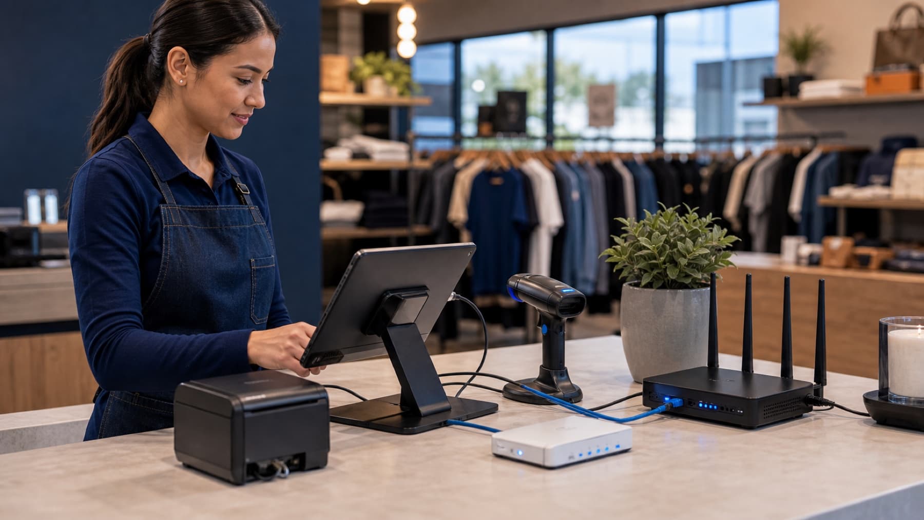 Mobile payment terminal and tablet checkout used by a field service employee