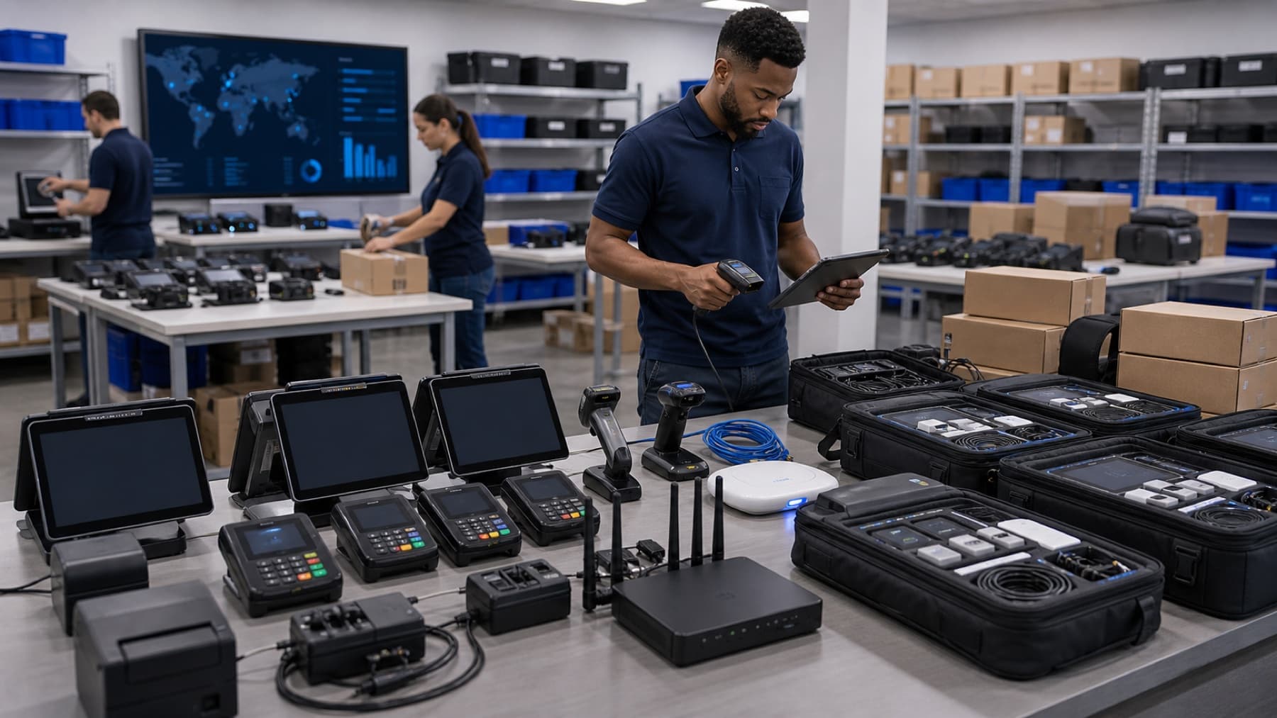 POS terminals, tablets, card readers, labels, and deployment boxes staged for multiple business locations
